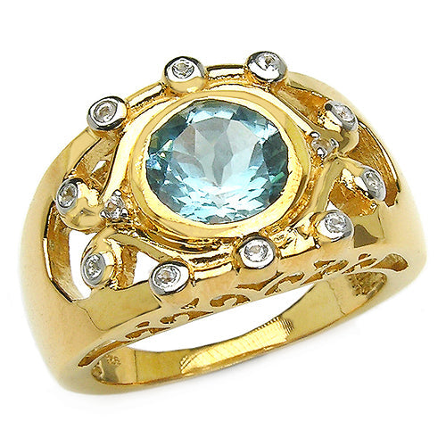 14K Yellow Gold Plated 3.42 Carat Genuine Blue Topaz & White Topaz .925 Sterling Silver Ring on sale at MyriadMart