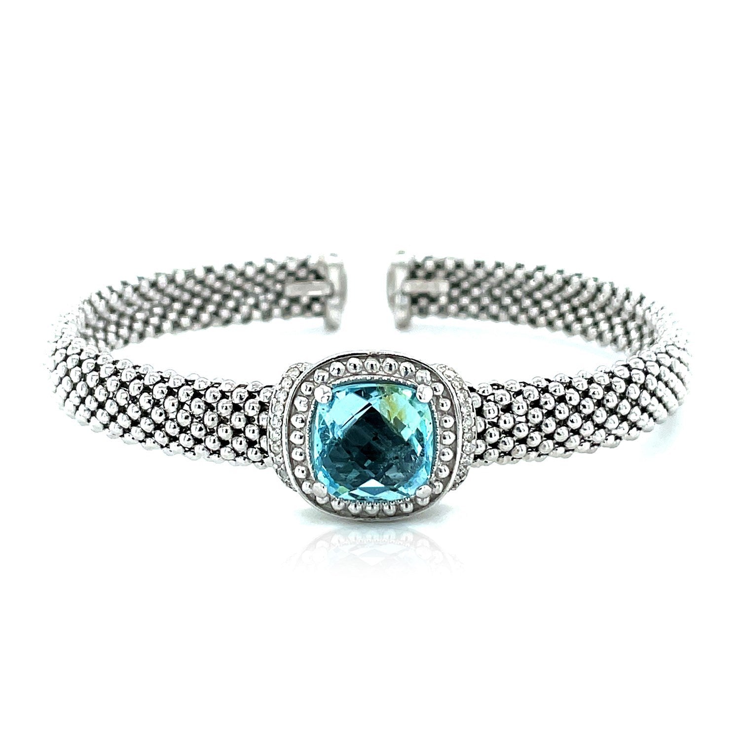 Popcorn Texture Cuff Bangle with Blue Topaz and Diamonds in Sterling Silver on sale at MyriadMart