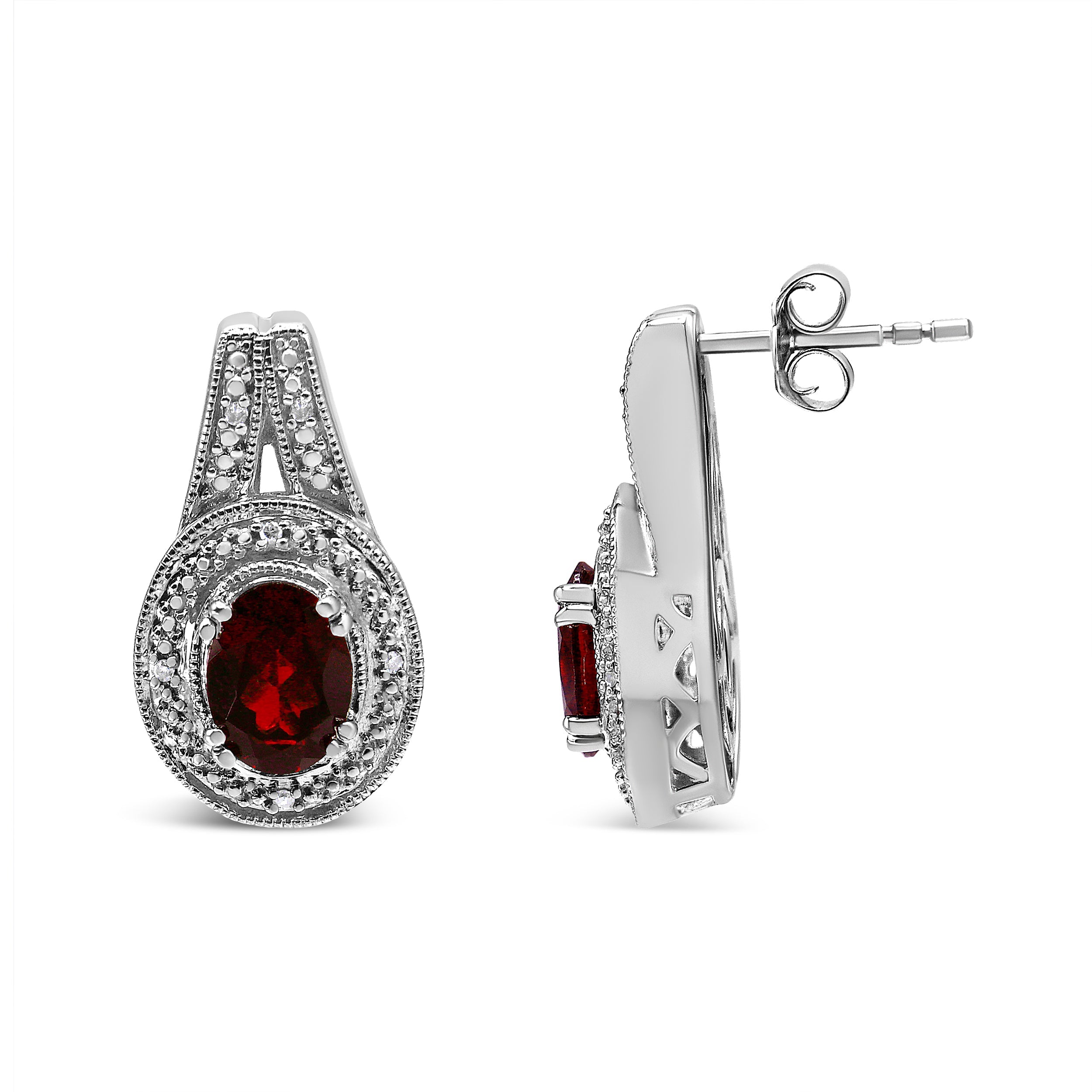 .925 Sterling Silver Diamond Accent and 8x6mm Red Oval Garnet Stud Earrings I-J Color, I1-I2 Clarity on sale at MyriadMart
