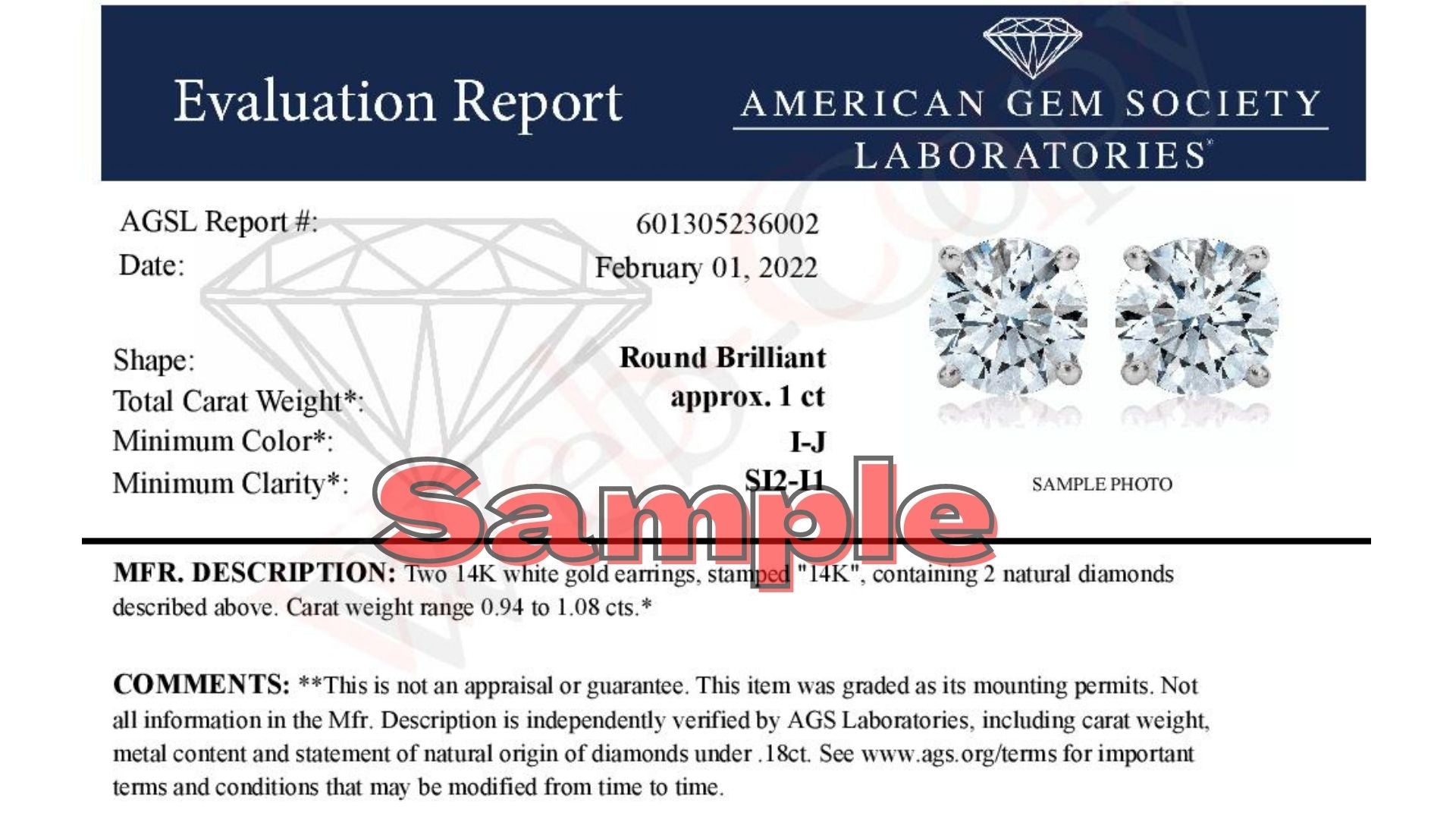 AGS Certified 14K White Gold 1.0 Cttw 4-Prong Set Brilliant Round-Cut Solitaire Diamond Push Back Stud Earrings H-I Color, SI2-I1 Clarity on sale at MyriadMart