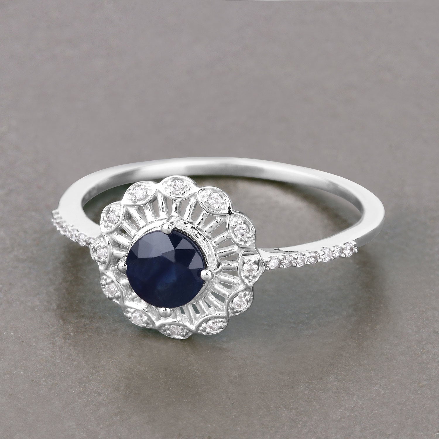 0.72 Carat Genuine Blue Sapphire and White Diamond 14K White Gold Ring on sale at MyriadMart
