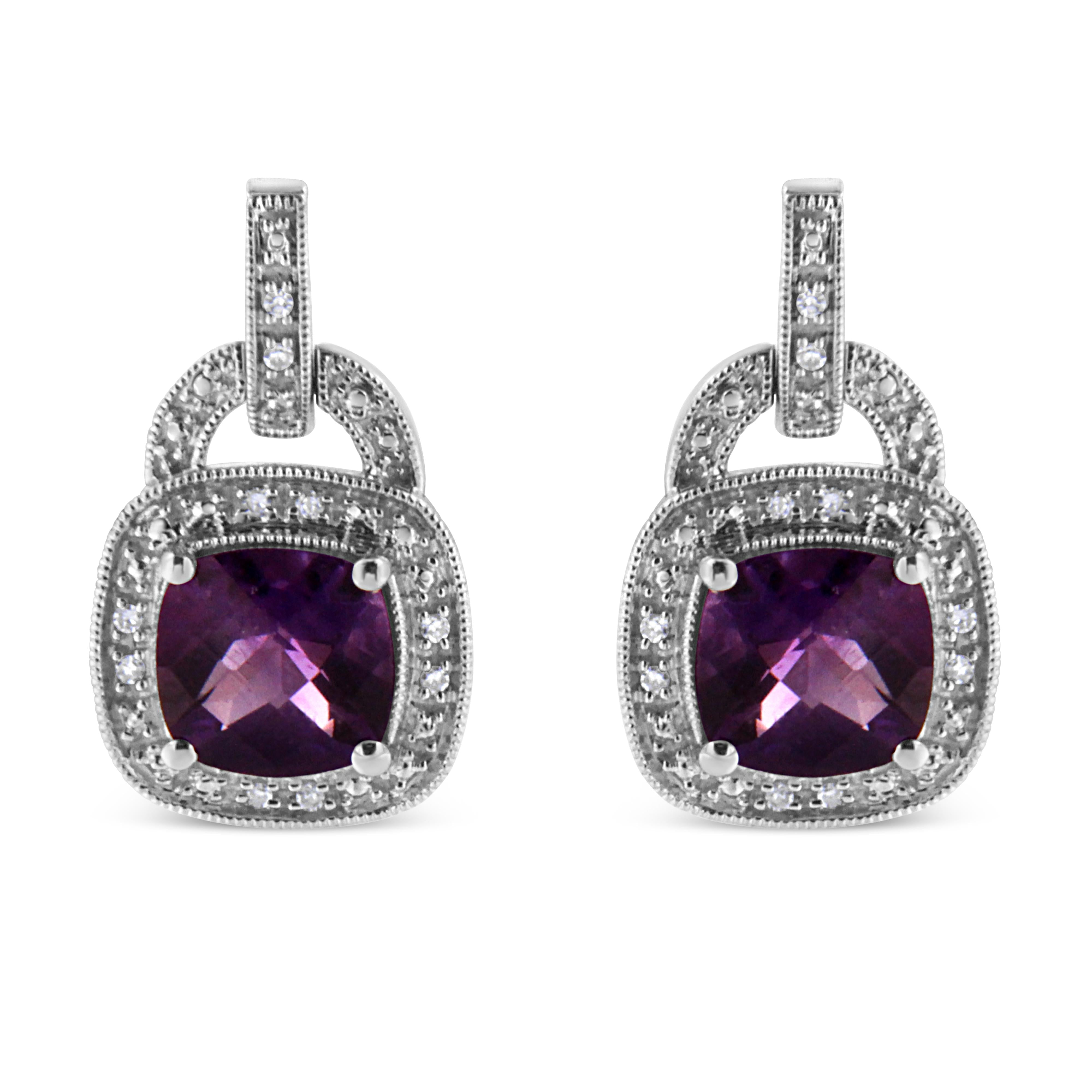 .925 Sterling Silver 8MM Natural Cushion Shaped Amethyst and Diamond Accent Halo with Push Back Dangle Earrings I-J Color, I2-I3 Clarity on sale at MyriadMart