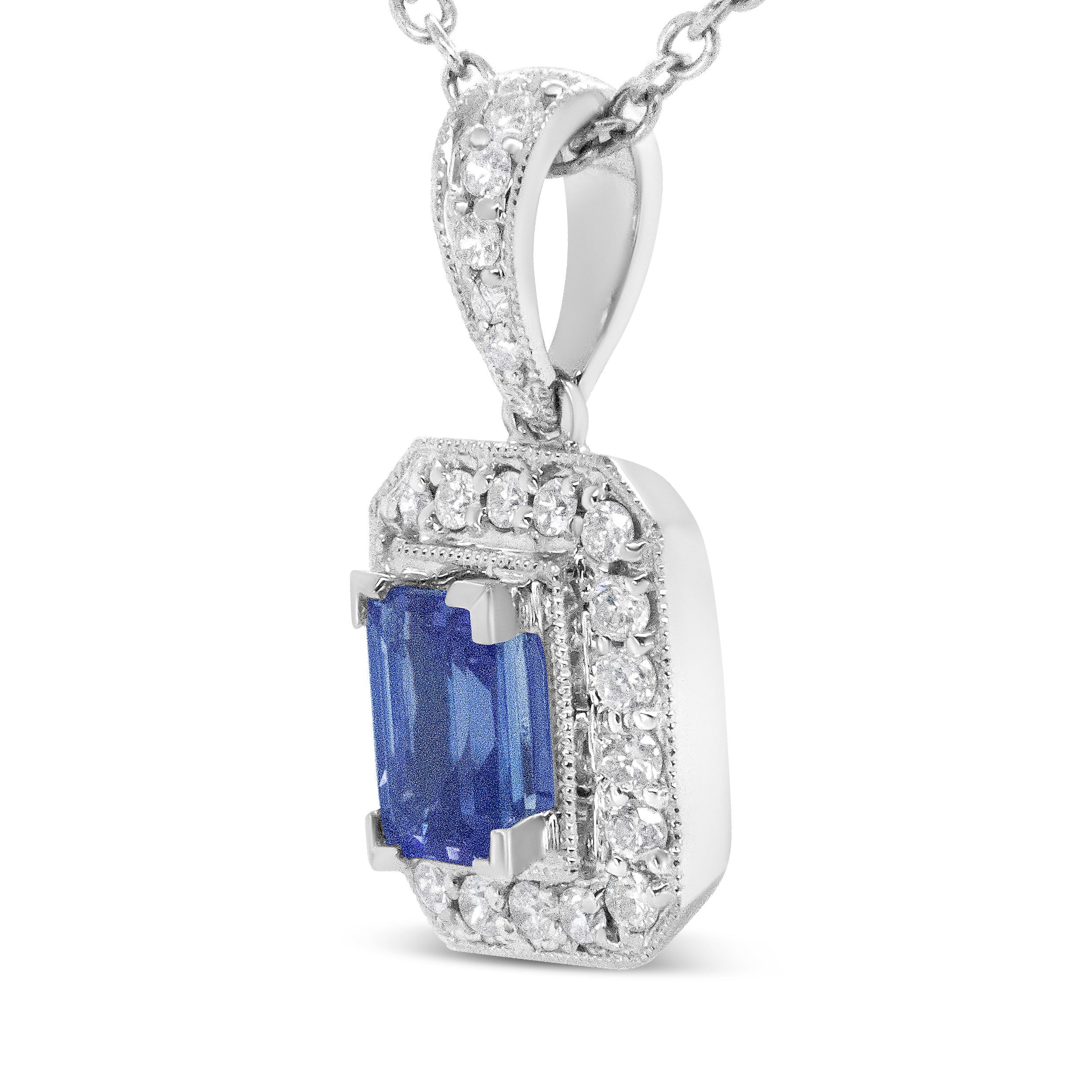 18K White Gold 1/4 Cttw Round Diamond and 6x4mm Purple Tanzanite Halo 18" Pendant Necklace H-I Color, VS1-VS2 Clarity on sale at MyriadMart