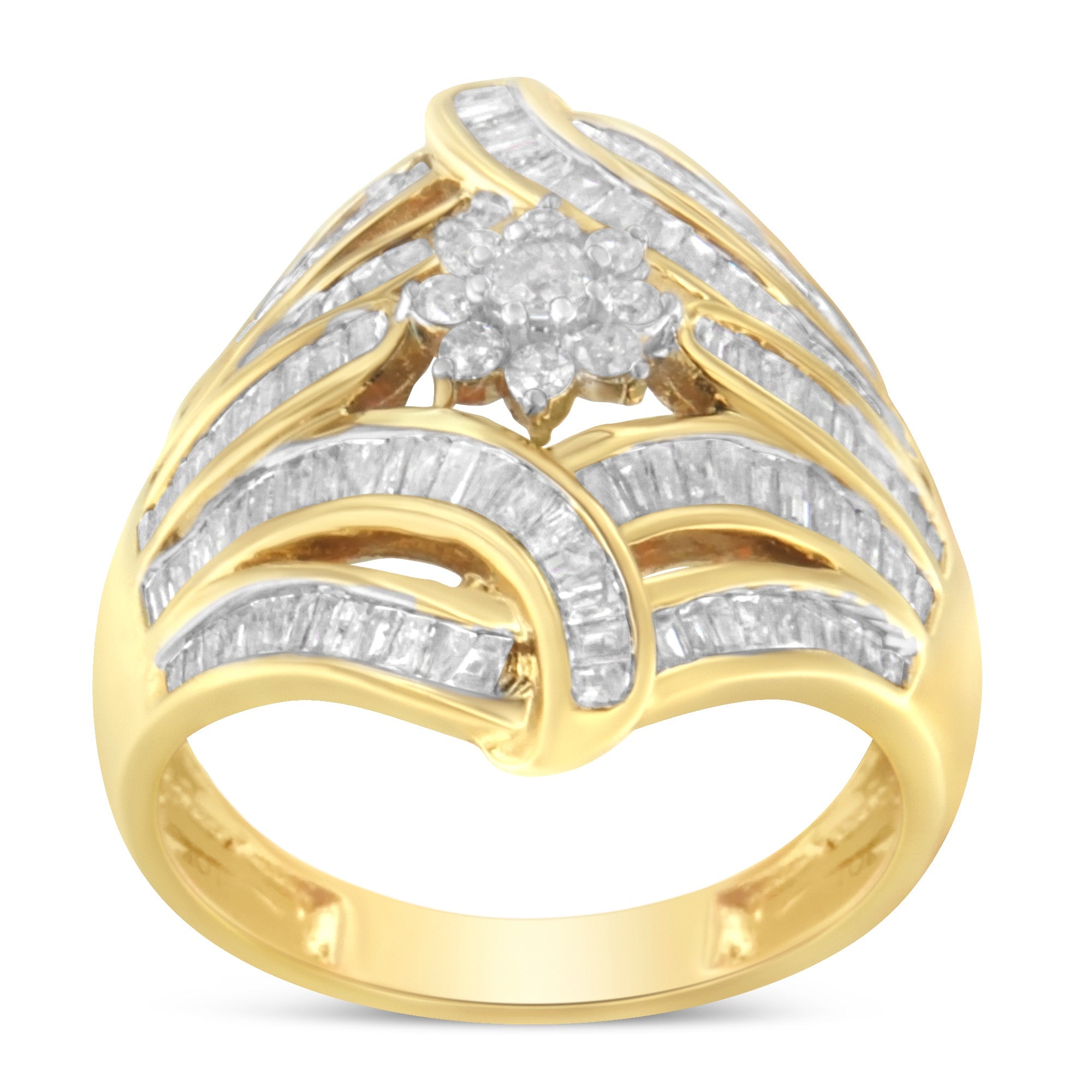 10K Yellow Gold Flashed .925 Sterling Silver 1-1/8 Cttw Round & Baguette Diamond 'Flower & Fern' Cluster Cocktail Fashion Ring I-J Color, I2-I3 Clarity - Size 6 on sale at MyriadMart