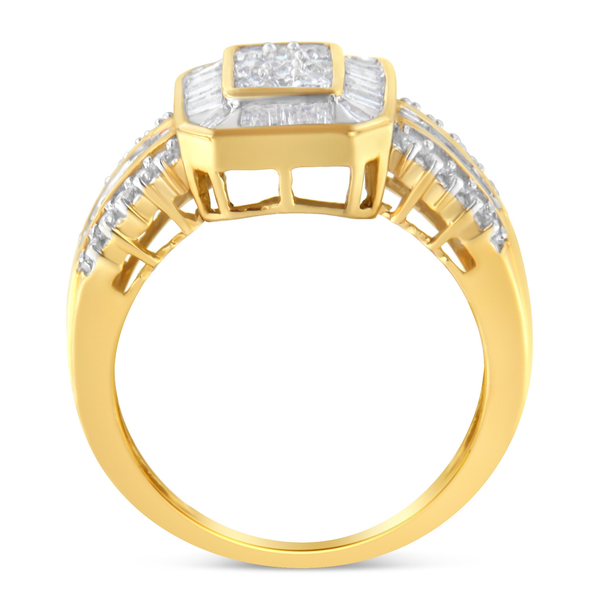 10K Yellow Gold Round and Baguette-Cut Diamond Cocktail Ring 1.0 Cttw, H-I Color, SI2-I1 Clarity - Size 7 on sale at MyriadMart