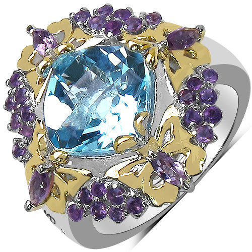 5.66 Carat Genuine Blue Topaz, Amethyst & White Diamond .925 Sterling Silver Ring on sale at MyriadMart