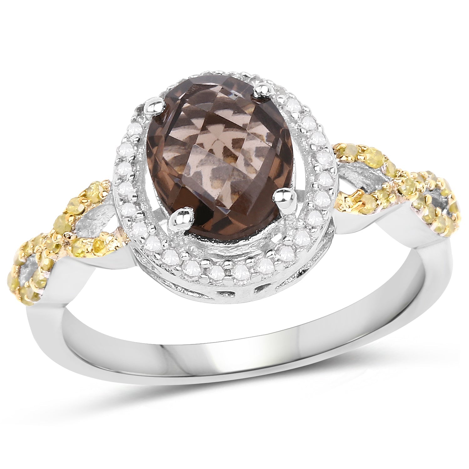 1.90 Carat Genuine Smoky Quartz, Yellow Diamond & White Diamond .925 Sterling Silver Ring on sale at MyriadMart