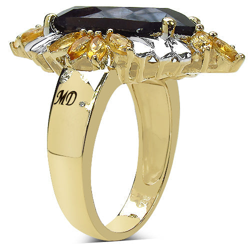14K Yellow Gold Plated 7.07 Carat Genuine Smoky Quartz, Citrine & White Diamond .925 Sterling Silver Ring