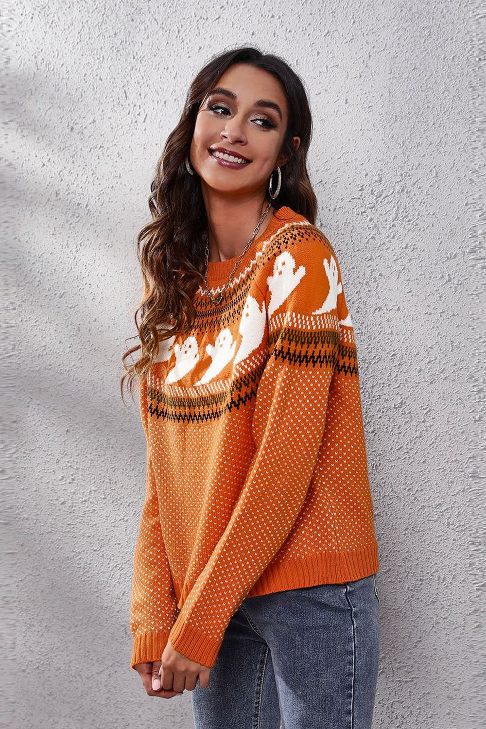 Ghost Pattern Round Neck Long Sleeve Sweater - MyriadMart