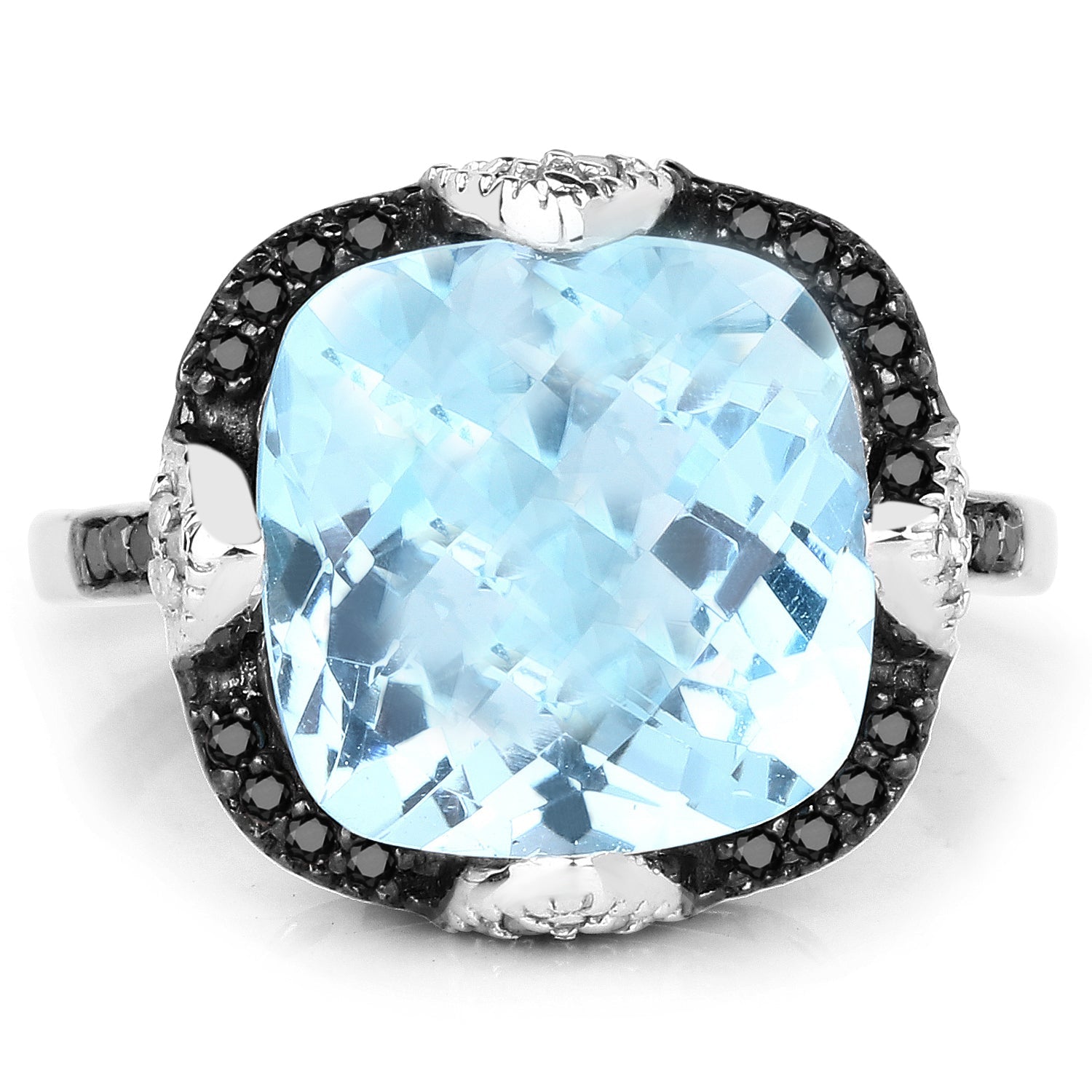 8.29 Carat Genuine Swiss Blue Topaz, Black Diamond & White Diamond .925 Sterling Silver Ring on sale at MyriadMart