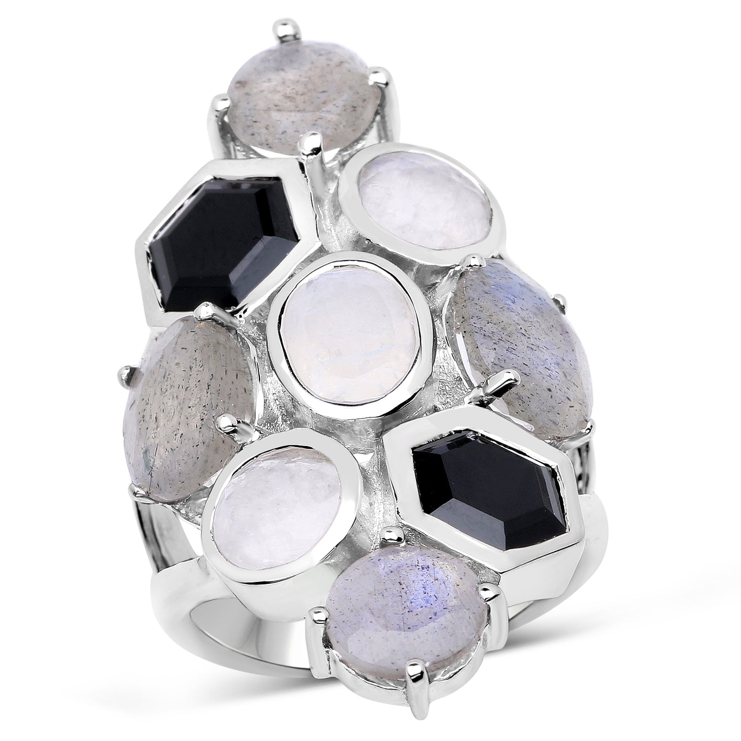 10.30 Carat Genuine White Rainbow Moonstone, Labradorite And Black Onyx .925 Sterling Silver Ring on sale at MyriadMart