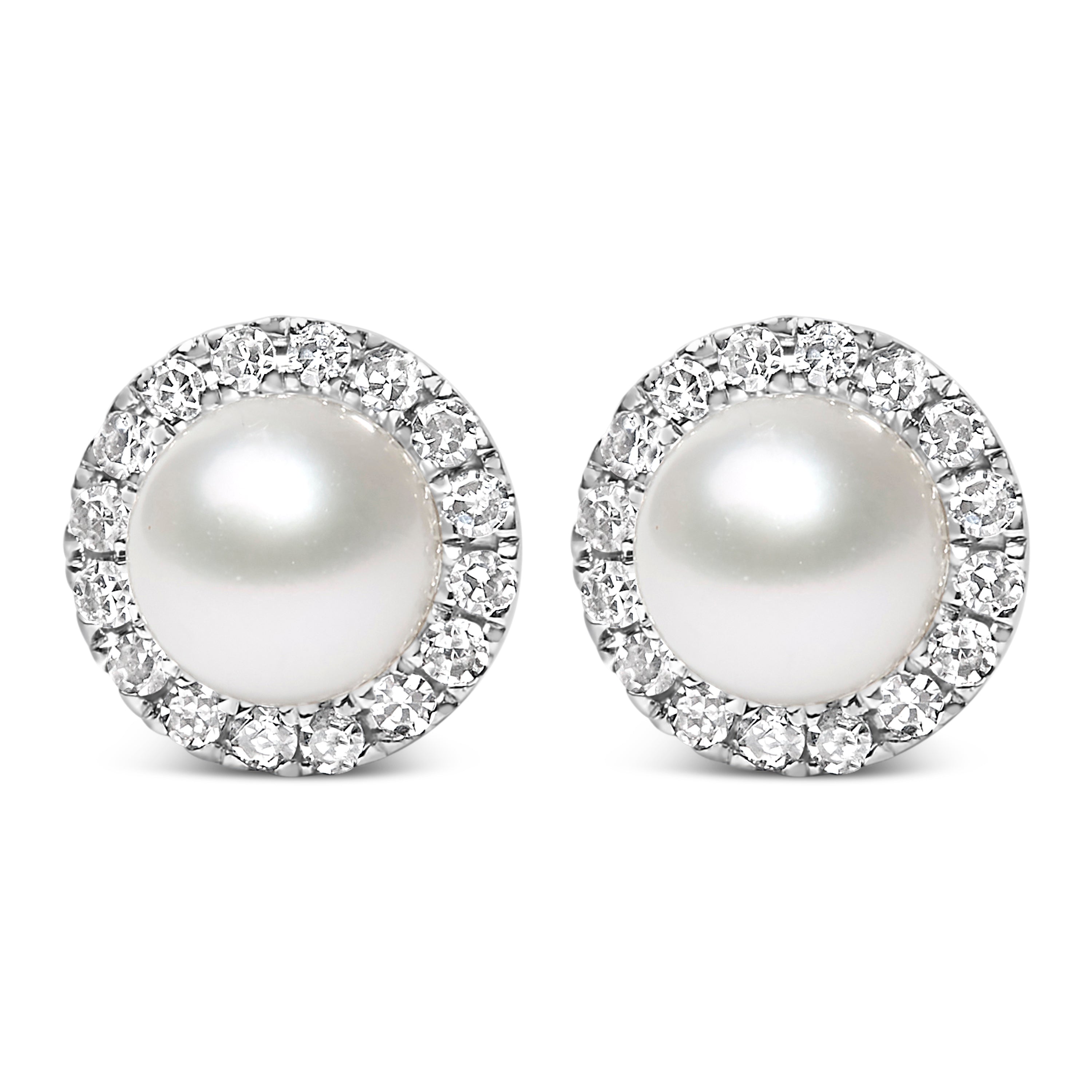 10K White Gold 4.5mm Cultured Freshwater Pearl and 1/7 Cttw Diamond Halo Stud Earring I-J Color, I1-I2 Clarity on sale at MyriadMart