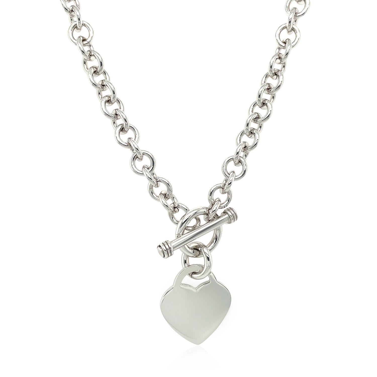 Sterling Silver Rhodium Plated Rolo Chain Necklace with a Heart Toggle Charm on sale at MyriadMart