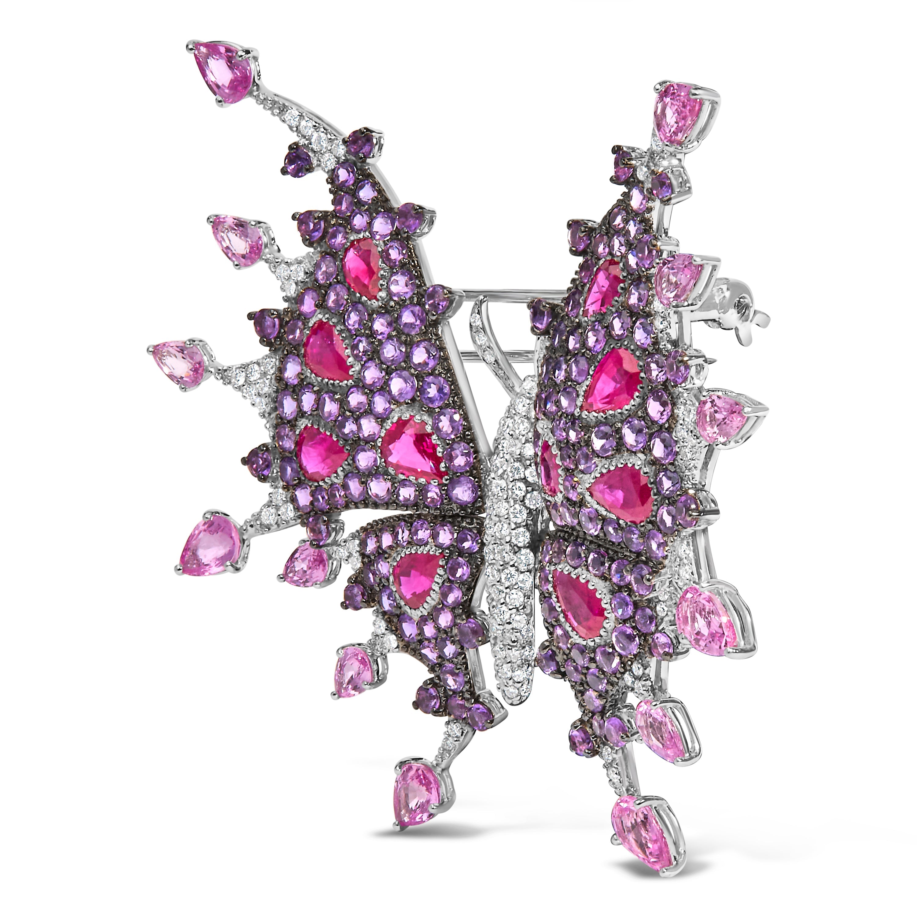 18K White Gold 1.00 Cttw Diamond, Ruby Sapphire, and Amethyst Mixed Gemstone Butterfly Brooch Pin G-H Color, VS1-VS2 Clarity on sale at MyriadMart