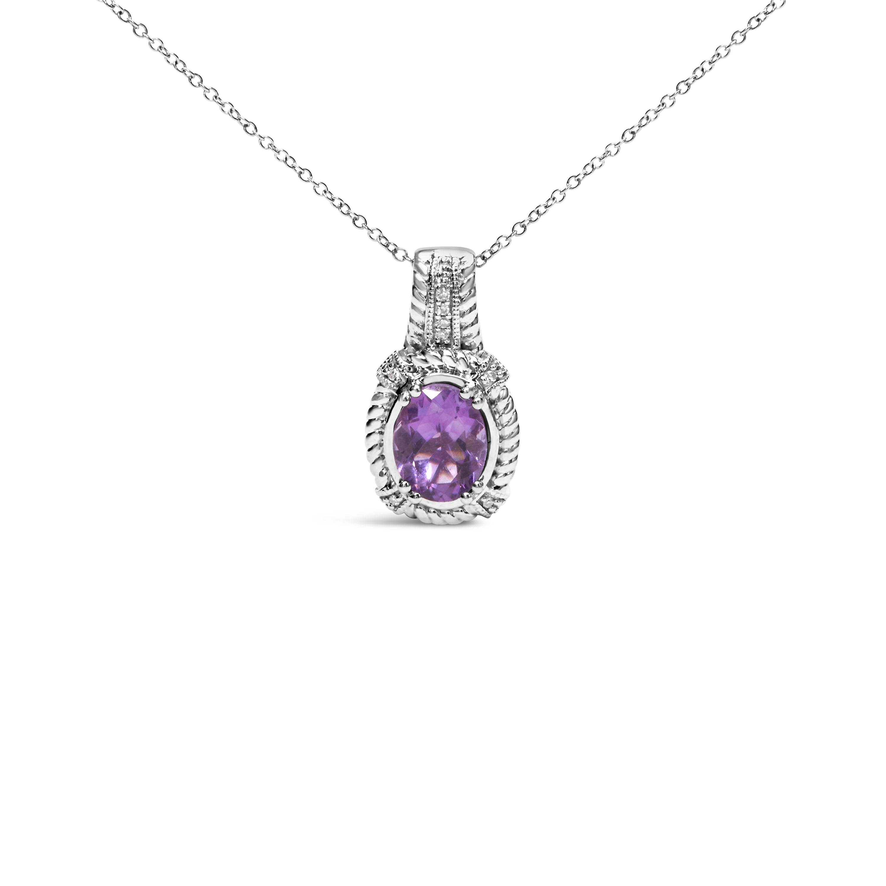 .925 Sterling Silver 9x7mm Oval Purple Amethyst and Round Diamond Accent Fashion Drop Pendant 18 Inch Necklace I-J Color, I1-I2 Clarity on sale at MyriadMart