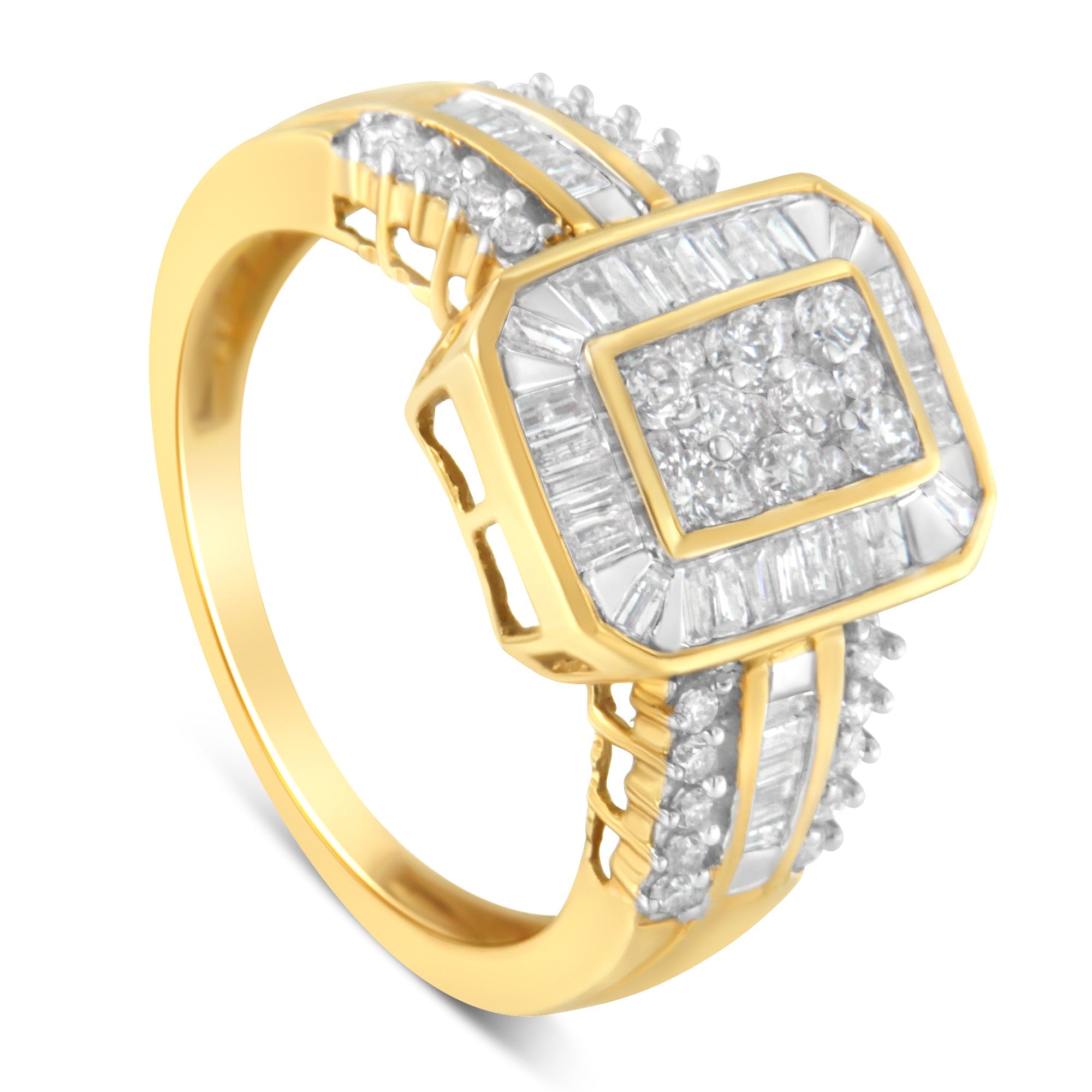 10K Yellow Gold Round and Baguette-Cut Diamond Cocktail Ring 1.0 Cttw, H-I Color, SI2-I1 Clarity - Size 7 on sale at MyriadMart