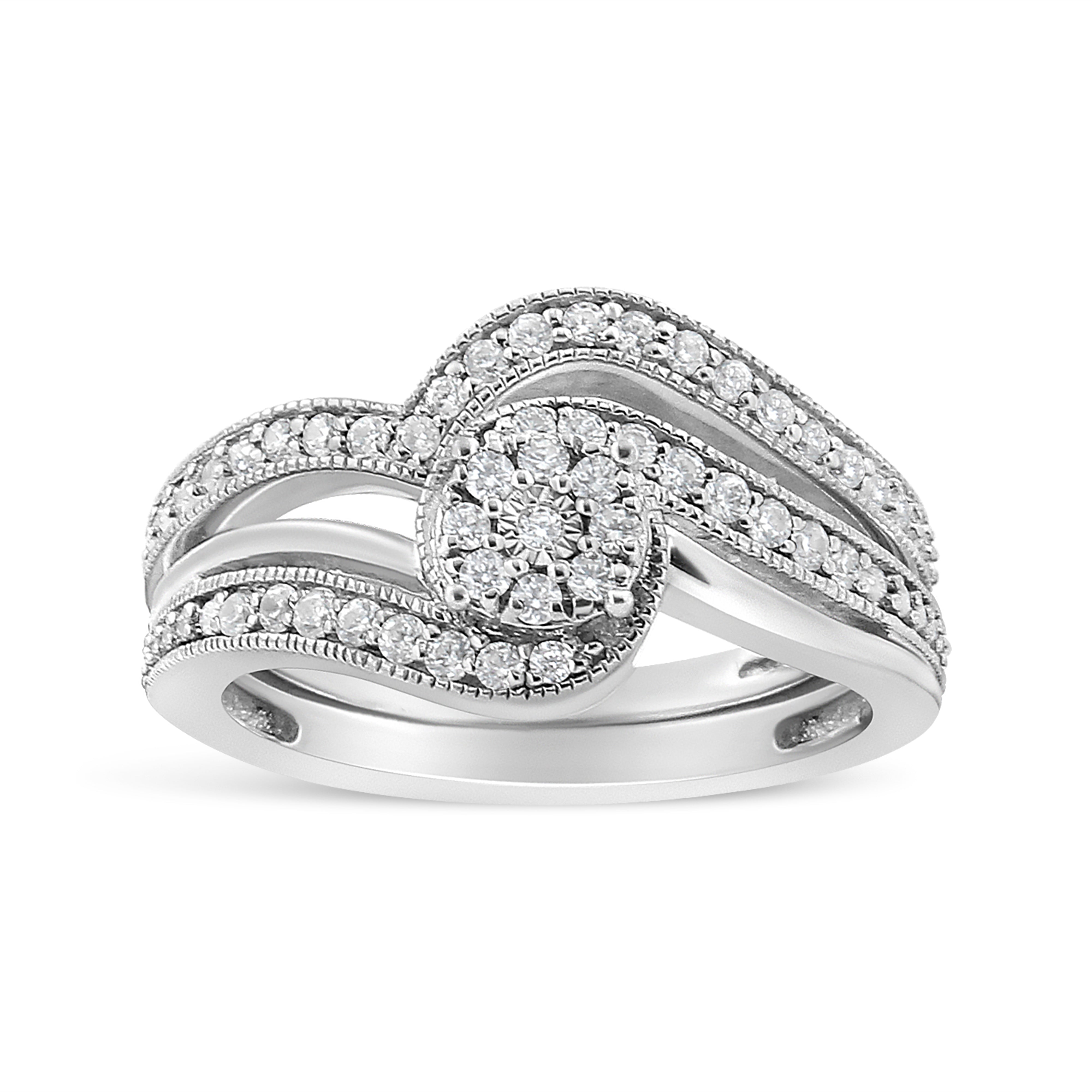 .925 Sterling Silver 1/3ct Cttw Multi-Diamond Bypass Vintage-Style Bridal Set Ring and Band I-J Color, I3 Clarity - Size 7 on sale at MyriadMart