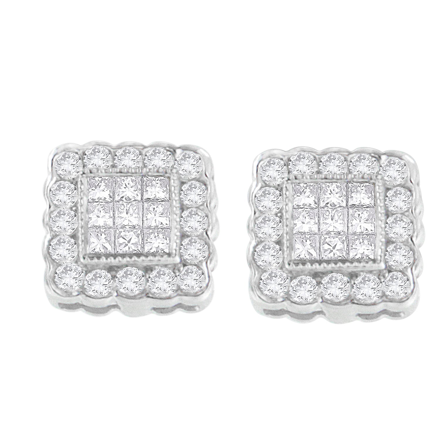 14K White Gold 1.0 Cttw Round Brilliant & Princess Cut Diamond Scallop-Edge Framed Square Halo Stud Earrings G-H Color, SI1-SI2 Clarity on sale at MyriadMart