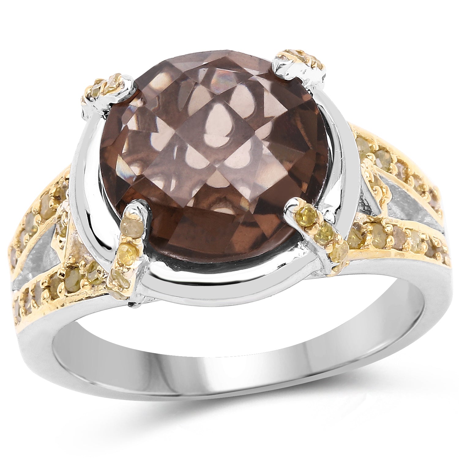 3.28 Carat Genuine Smoky Quartz and Yellow Diamond .925 Sterling Silver Ring on sale at MyriadMart