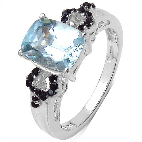1.92 Carat Genuine Aquamarine & Black Spinel .925 Sterling Silver Ring on sale at MyriadMart