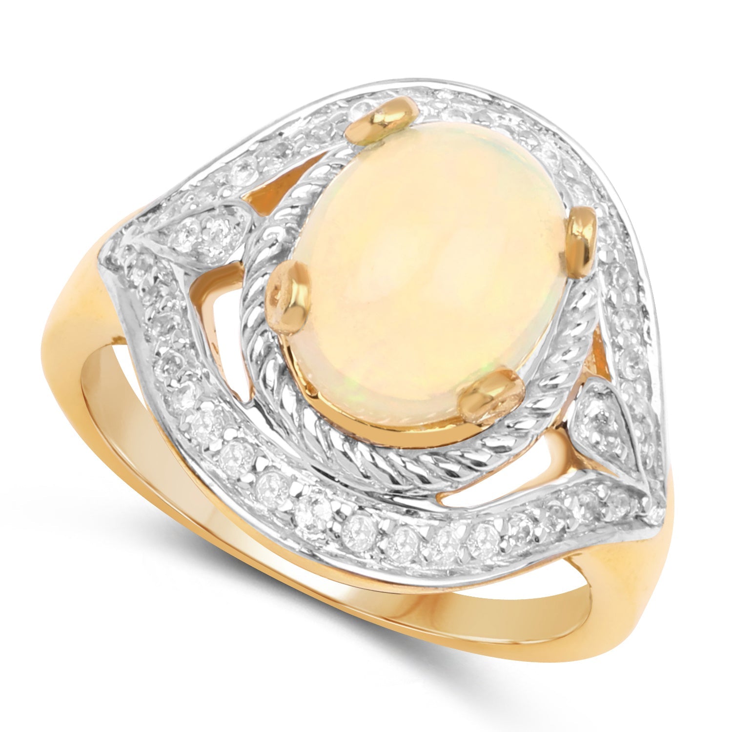 14K Yellow Gold Plated 1.88 Carat Genuine Ethiopian Opal and White Topaz .925 Sterling Silver Ring on sale at MyriadMart