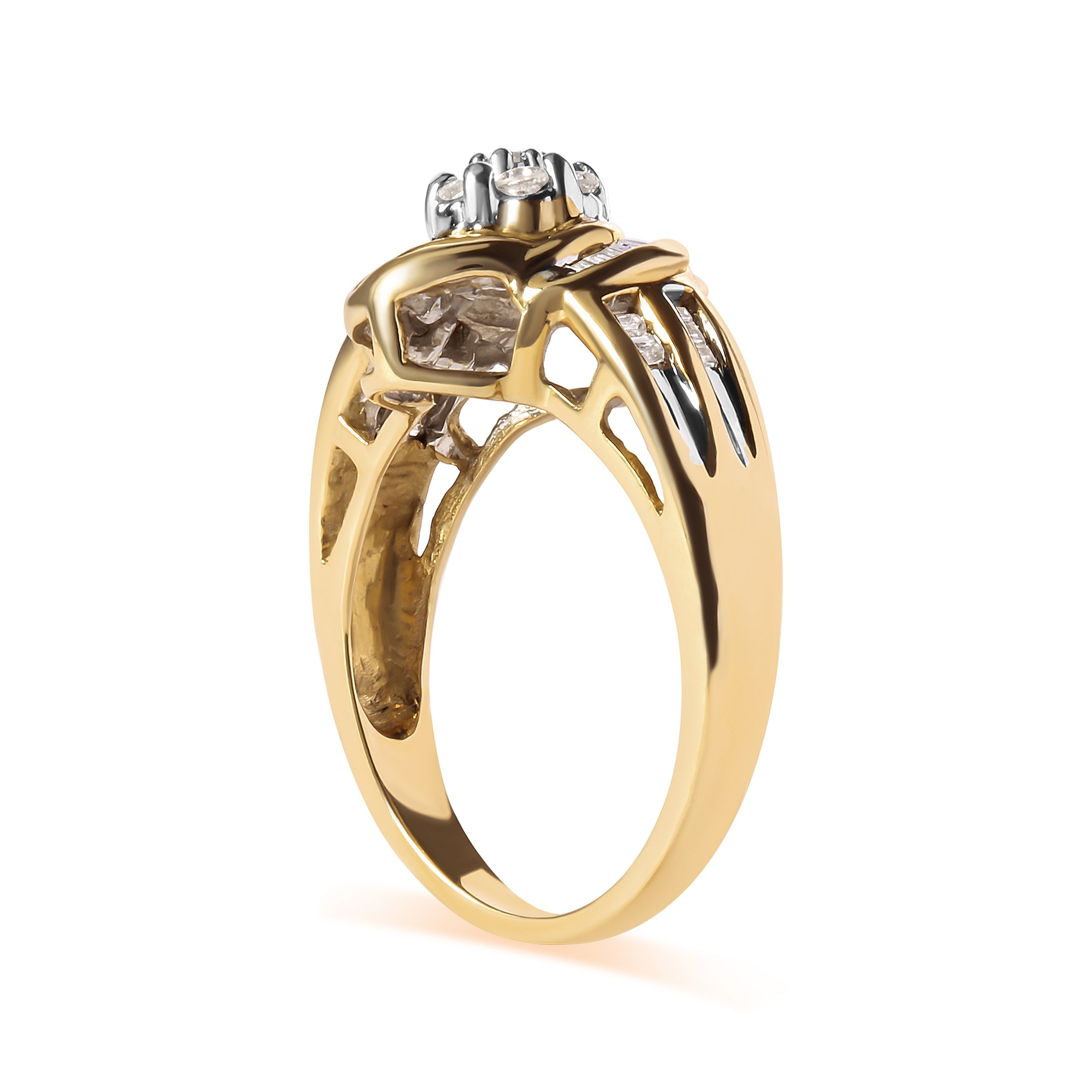 10K Yellow Gold 1/2 Cttw Round and Baguette Diamond Flower Swirl Cocktail Ring I-J Color, SI2-I1 Clarity - Ring Size 7 on sale at MyriadMart