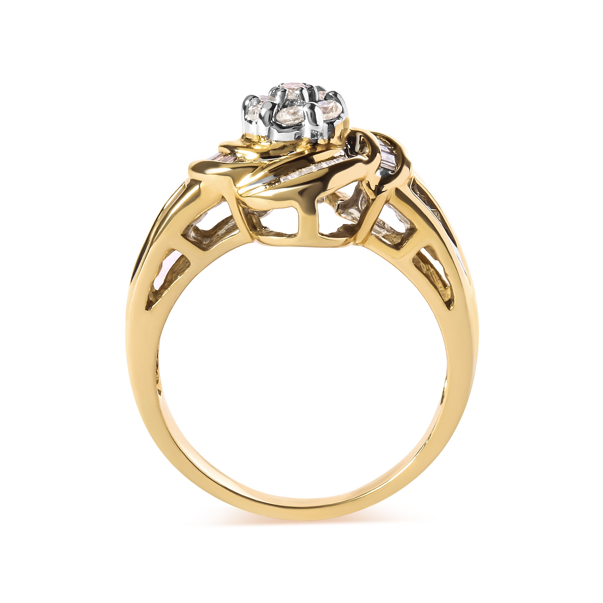 10K Yellow Gold 1/2 Cttw Round and Baguette Diamond Flower Swirl Cocktail Ring I-J Color, SI2-I1 Clarity - Ring Size 7 on sale at MyriadMart