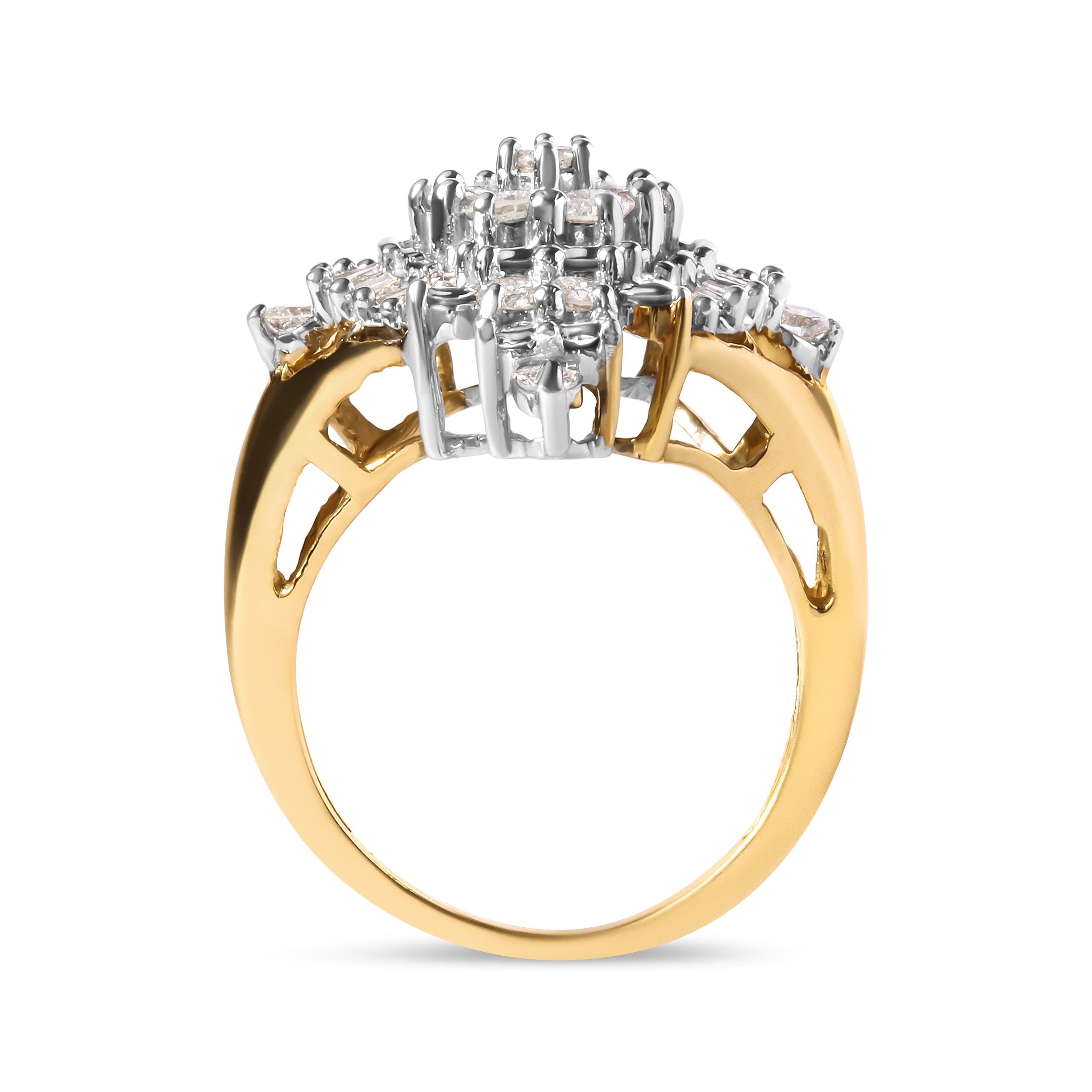 10K Yellow Gold 1 Cttw Round and Baguette cut Diamond Cluster and Rhombus Halo Ring H-I Color, I1-I2 Clarity - Ring Size 7 on sale at MyriadMart