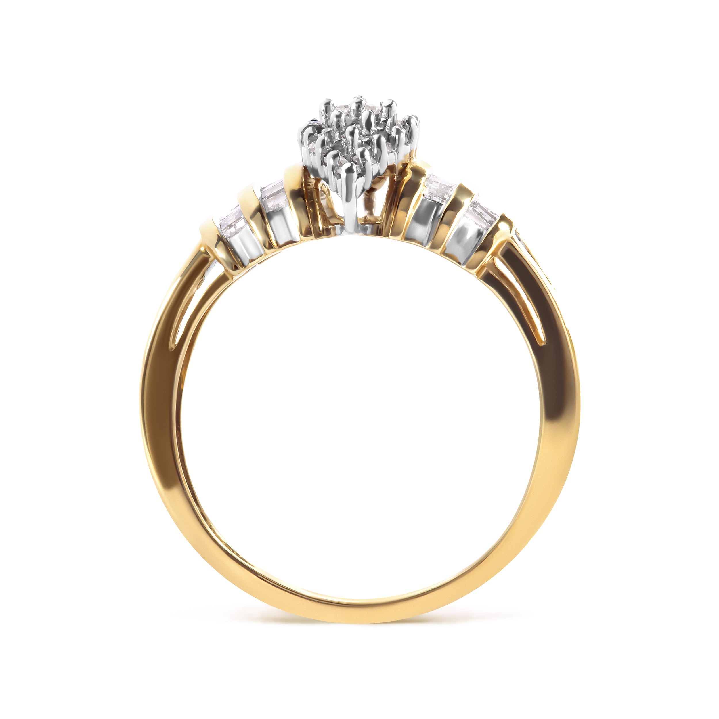 10K Yellow Gold 1/2 Cttw Diamond Pear Shaped Head and Multi Row Channel Set Shank Ring H-I Color, SI2-I1 Clarity - Ring Size 7 on sale at MyriadMart