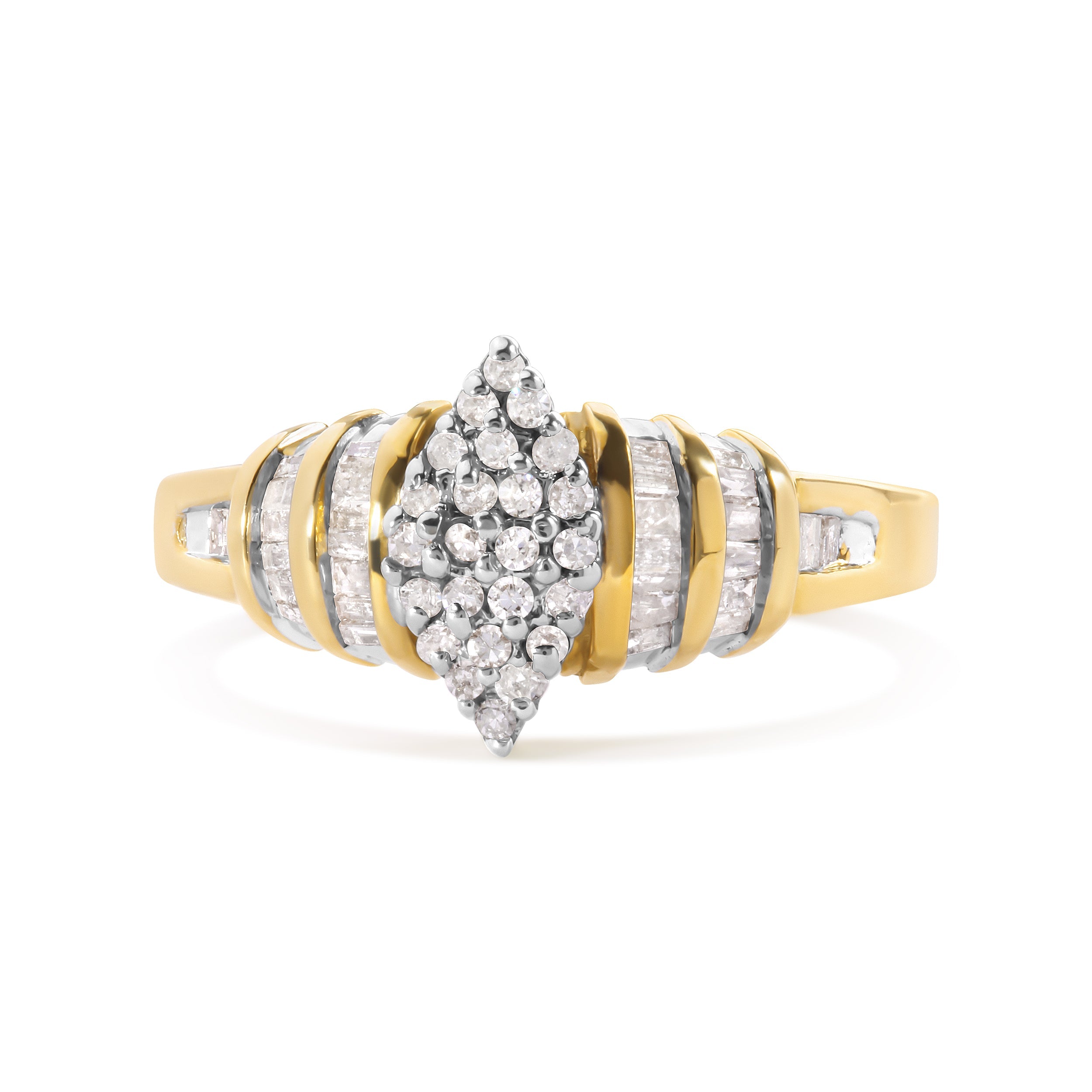 10K Yellow Gold 1/2 Cttw Diamond Pear Shaped Head and Multi Row Channel Set Shank Ring H-I Color, SI2-I1 Clarity - Ring Size 7 on sale at MyriadMart