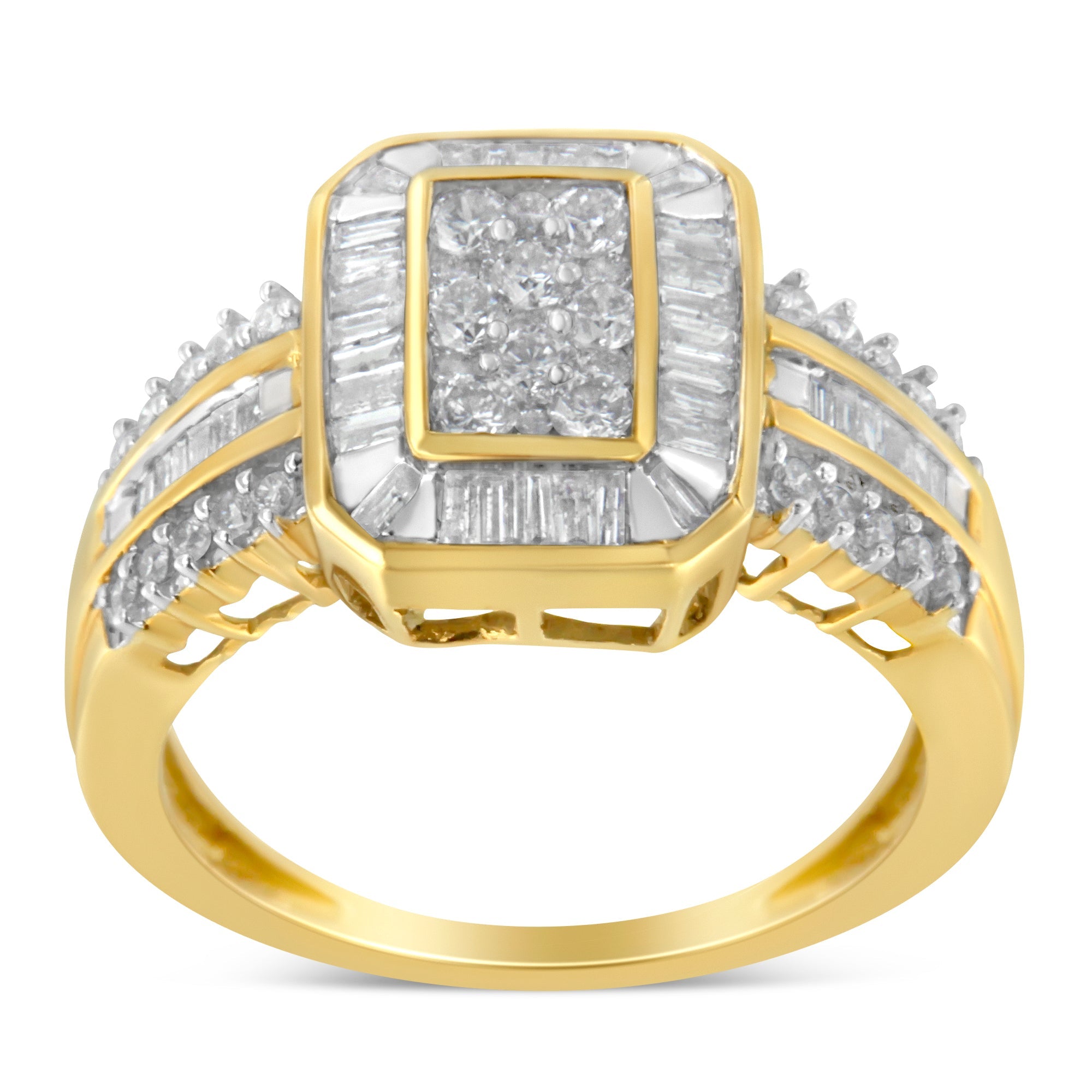 10K Yellow Gold Round and Baguette-Cut Diamond Cocktail Ring 1.0 Cttw, H-I Color, SI2-I1 Clarity - Size 7 on sale at MyriadMart