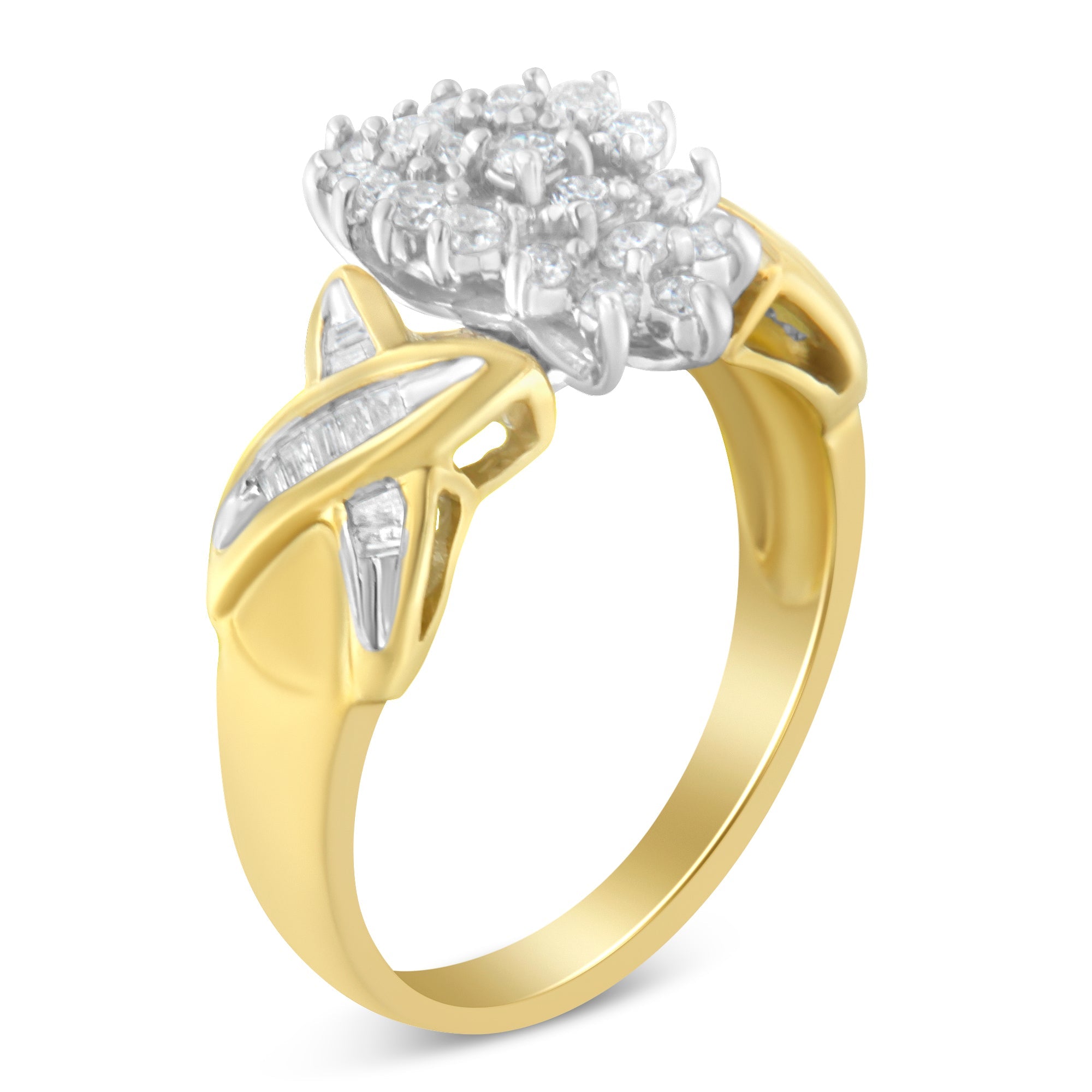 10K Yellow Gold Round And Baguette-Cut Diamond Ring 1/2 Cttw, H-I Color, I1-I2 Clarity - Size 6 on sale at MyriadMart