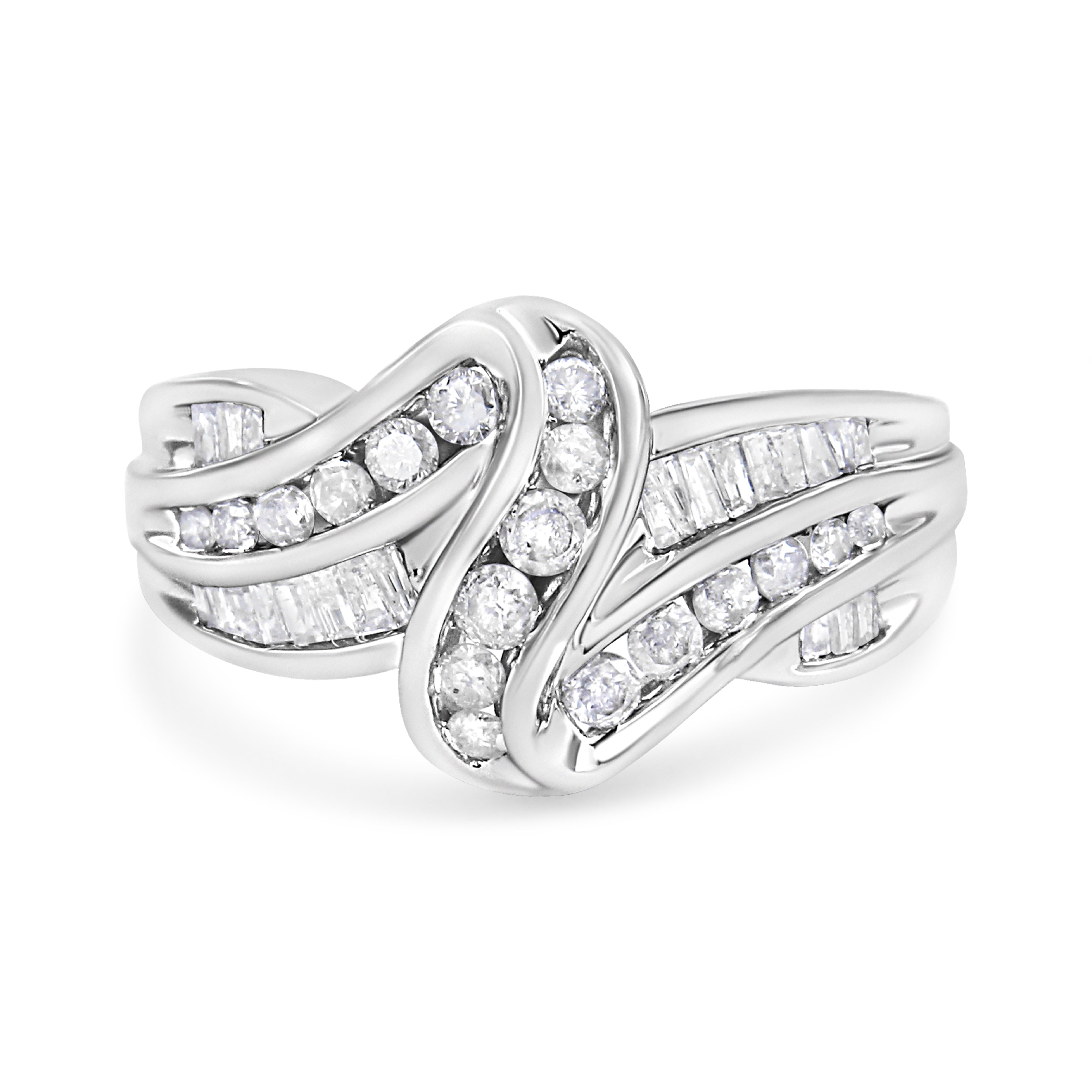 10K White Gold Ring 3/4 Cttw Round and Baguette-Cut Diamond Bypass Ring H-I Color, I2-I3 Clarity - Size 6 on sale at MyriadMart