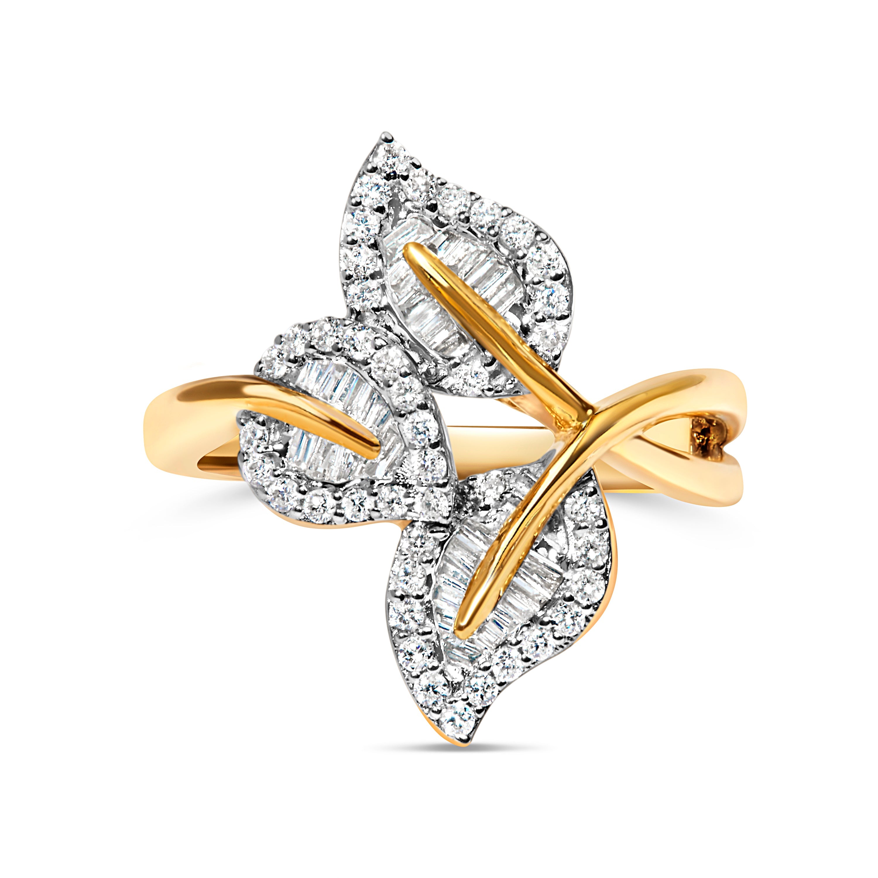 10k Yellow and White Gold 1/2 Cttw Baguette and Round Diamond Bypass Triple Leaf Ring I-J Color, I1-I2 Clarity - Size 7 on sale at MyriadMart