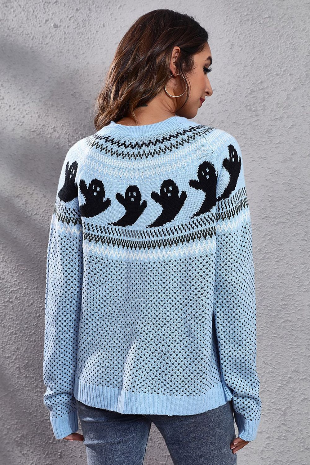 Ghost Pattern Round Neck Long Sleeve Sweater - MyriadMart