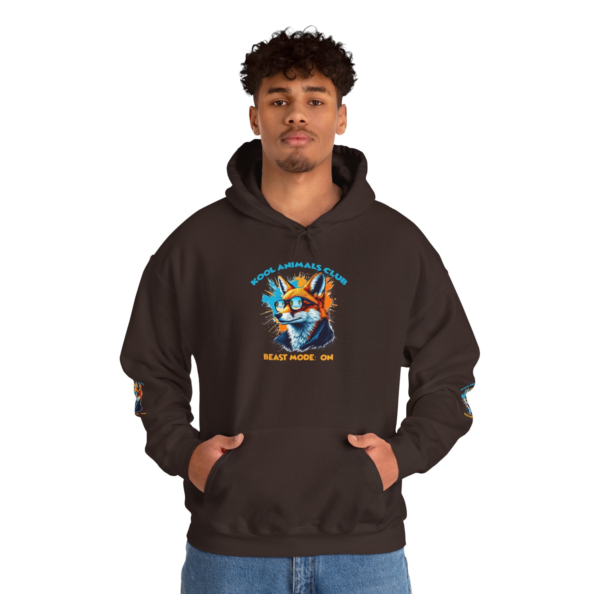Kool Animals Club Hoodie with Cool Fox in Sunglasses and ‘Beast Mode On’ Design, Unisex Sweatshirt for Animal Lovers, Casual Streetwear, Perfect Gift for Holidays on sale at MyriadMart