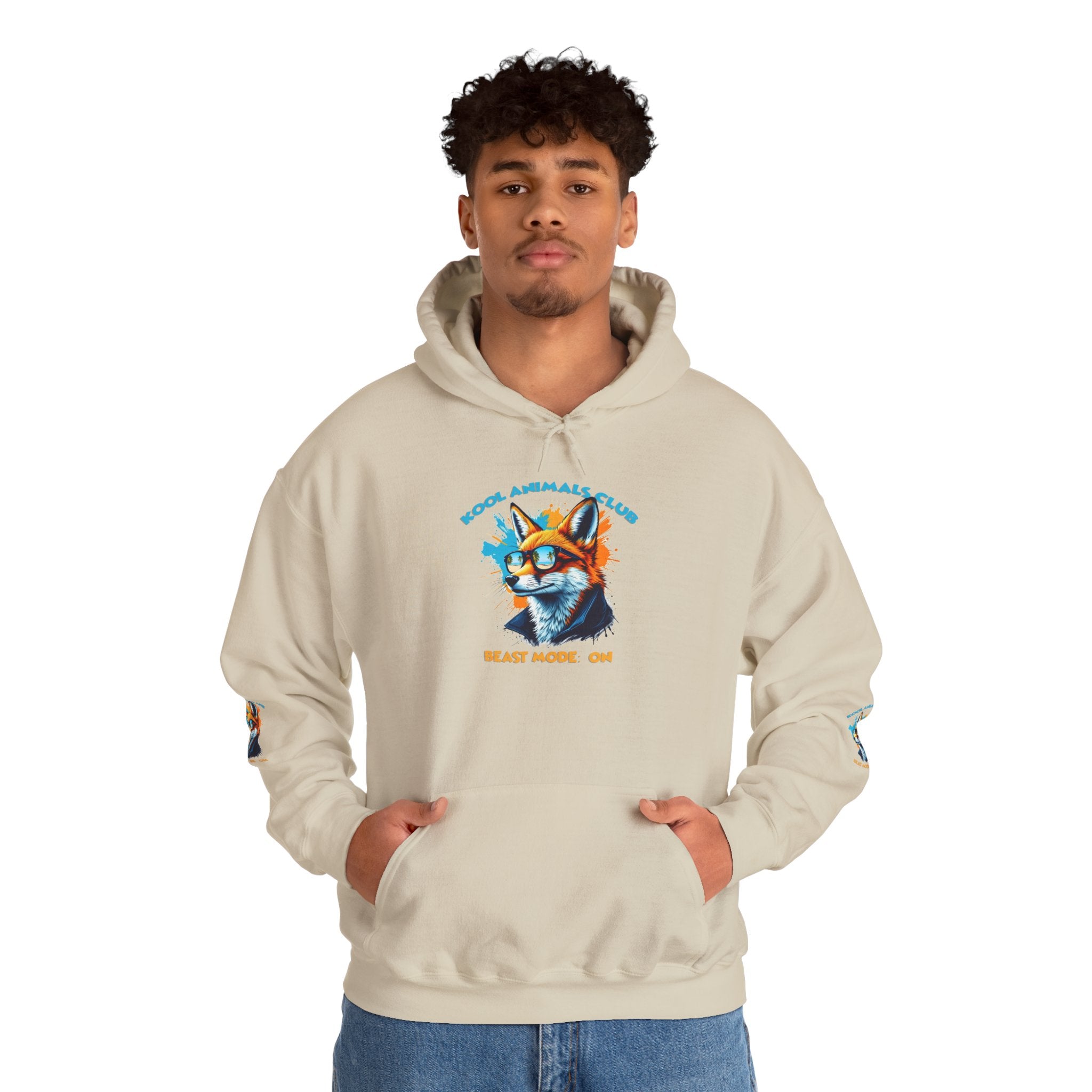 Kool Animals Club Hoodie with Cool Fox in Sunglasses and ‘Beast Mode On’ Design, Unisex Sweatshirt for Animal Lovers, Casual Streetwear, Perfect Gift for Holidays on sale at MyriadMart