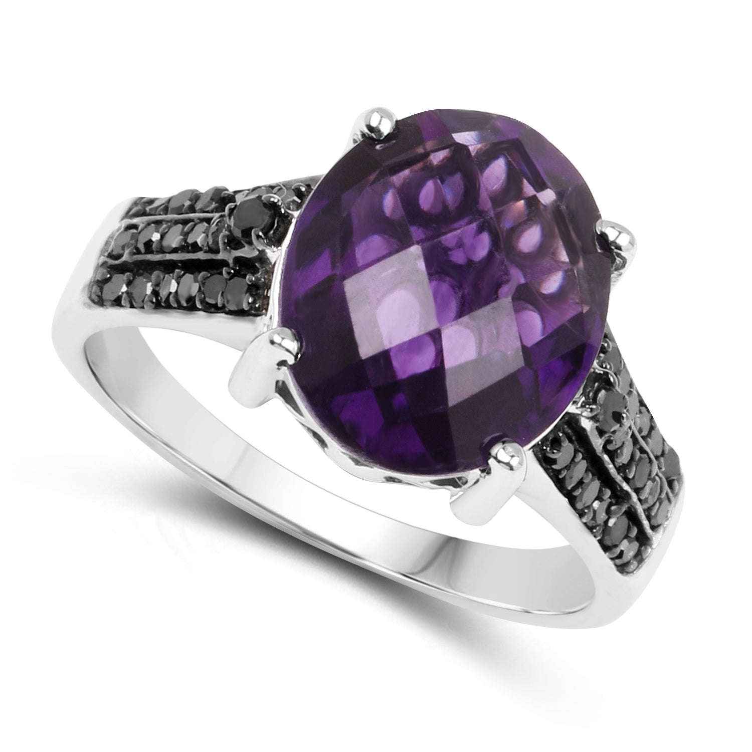 3.96 Carat Genuine Amethyst & Black Diamond .925 Sterling Silver Ring on sale at MyriadMart