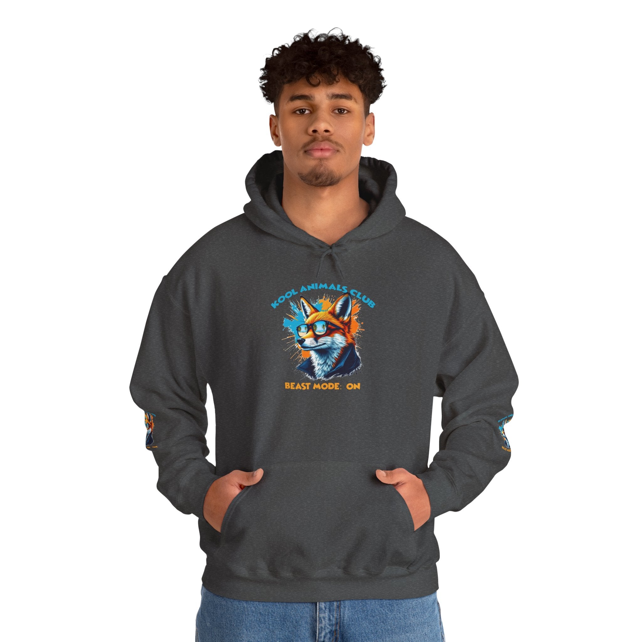 Kool Animals Club Hoodie with Cool Fox in Sunglasses and ‘Beast Mode On’ Design, Unisex Sweatshirt for Animal Lovers, Casual Streetwear, Perfect Gift for Holidays on sale at MyriadMart