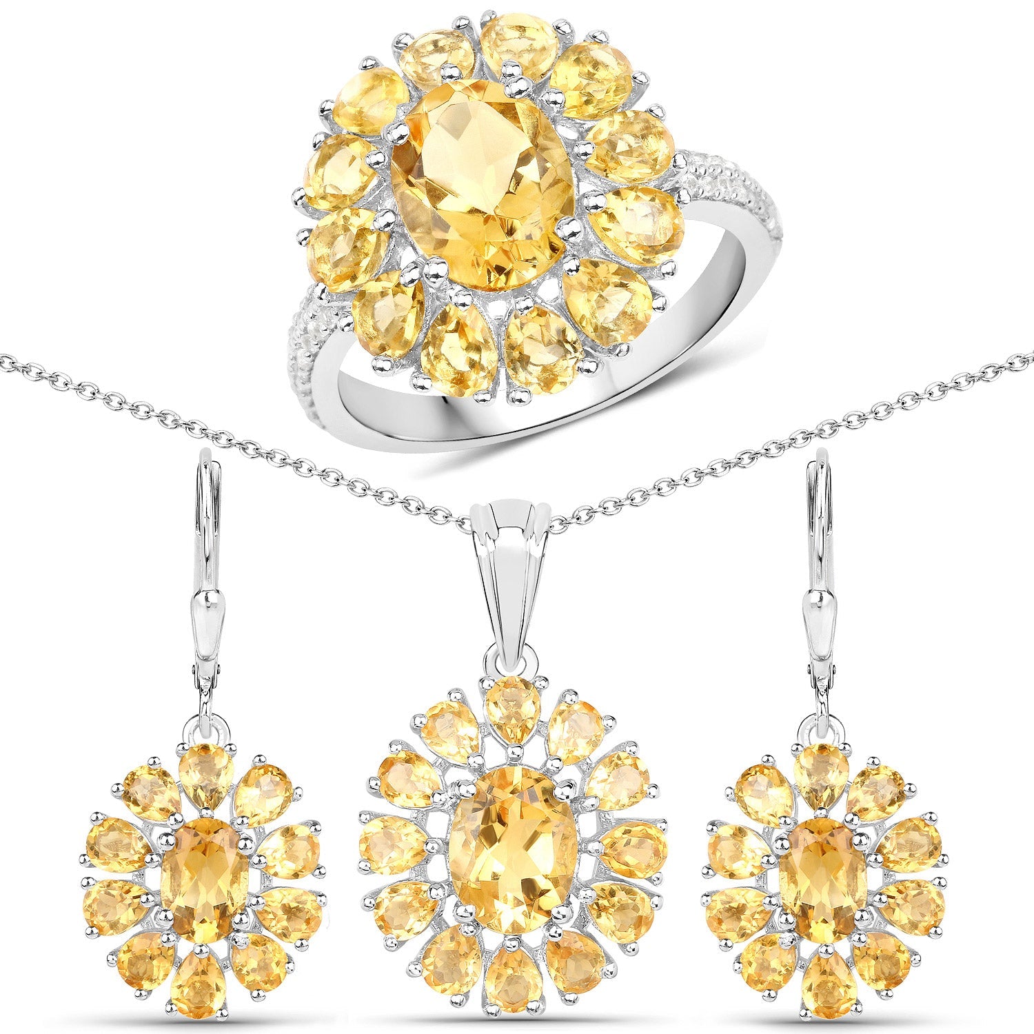 12.24 Carat Genuine Citrine and White Topaz .925 Sterling Silver 3 Piece Jewelry Set Ring, Earrings, and Pendant w/ Chain on sale at MyriadMart