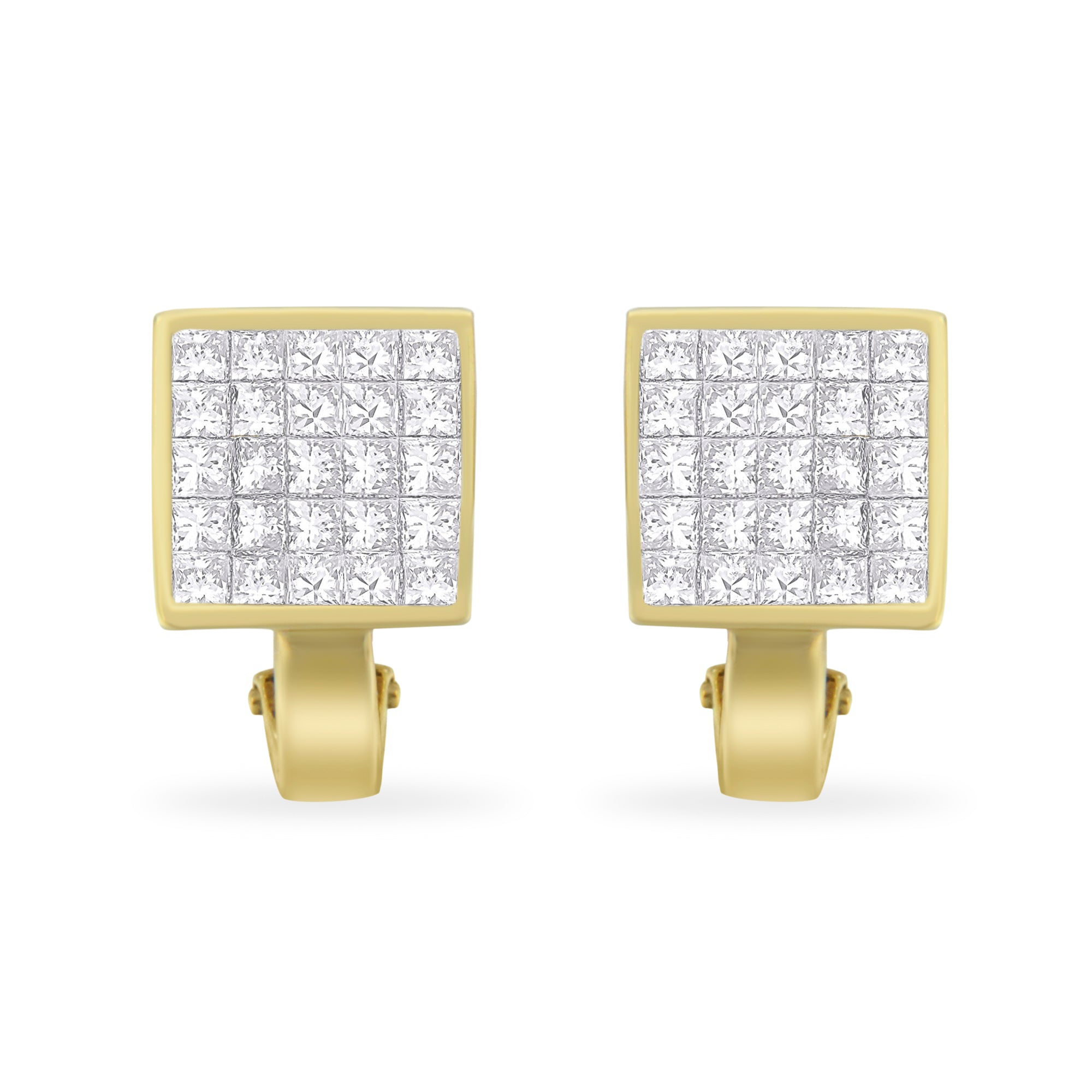 14K Yellow Gold 3-1/5 Cttw Princess Cut Diamond ¾ Square Invisible Set Grid Huggy Style Omega Back Stud Earrings G-H Color, VS1-VS2 Clarity on sale at MyriadMart