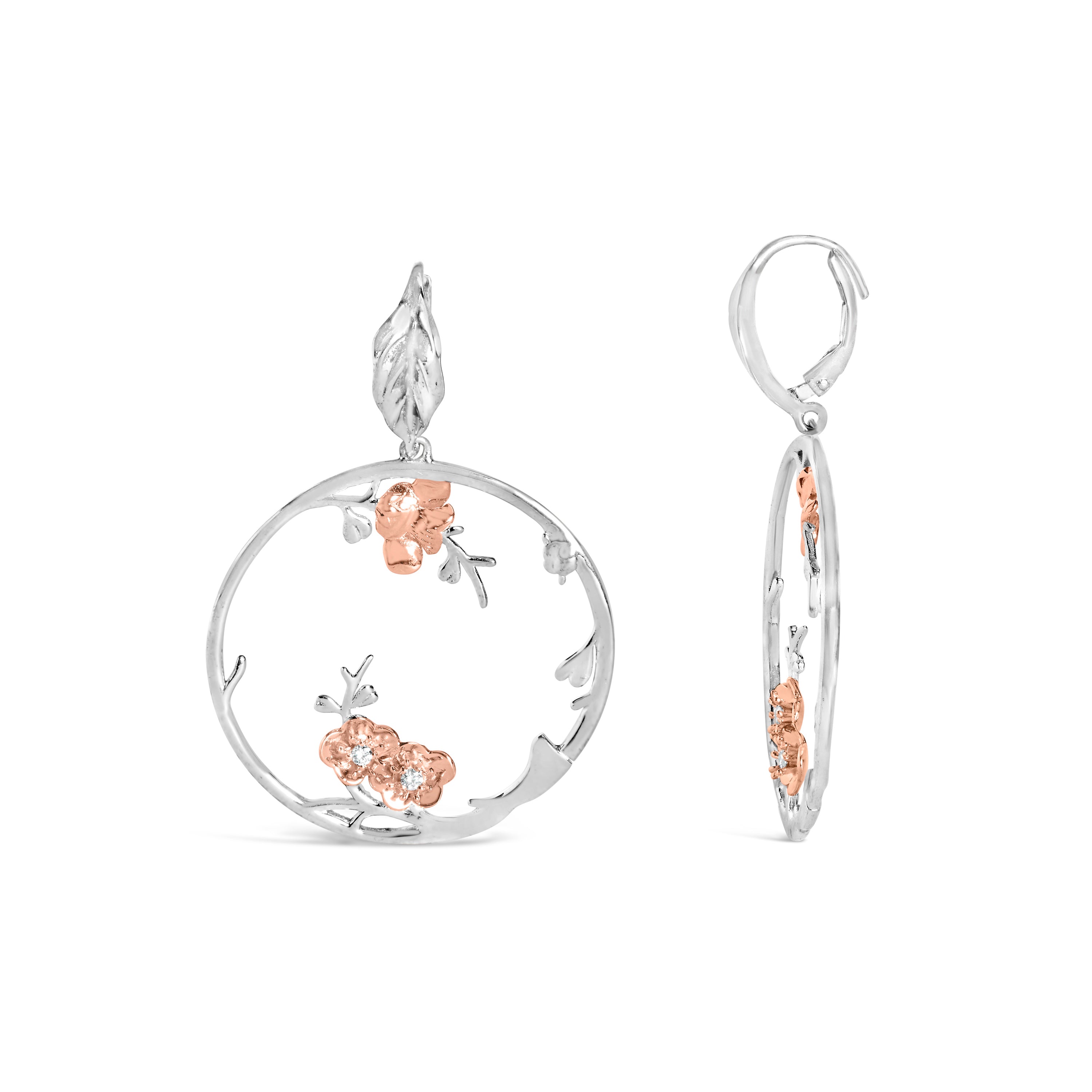 Rose Gold Plated .925 Sterling Silver 1/10 Cttw Diamond Floral Hoop Earrings I-J Color, SI1-SI2 Clarity on sale at MyriadMart