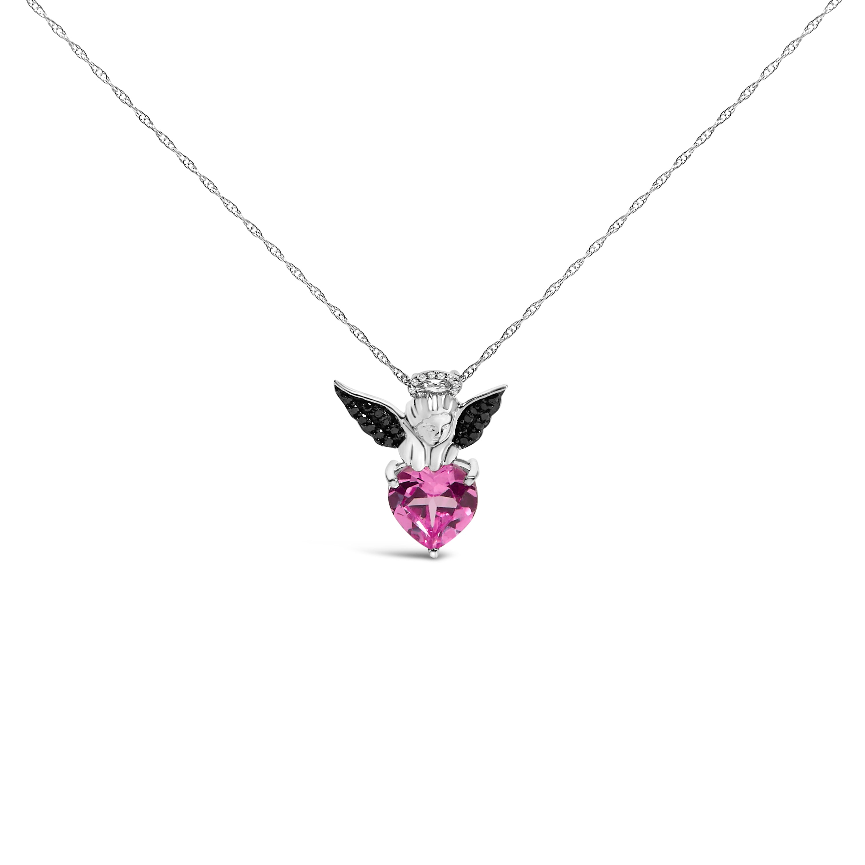 Sterling Silver Diamond Accent & Created Pink Sapphire Angel Heart Pendant Necklace on sale at MyriadMart