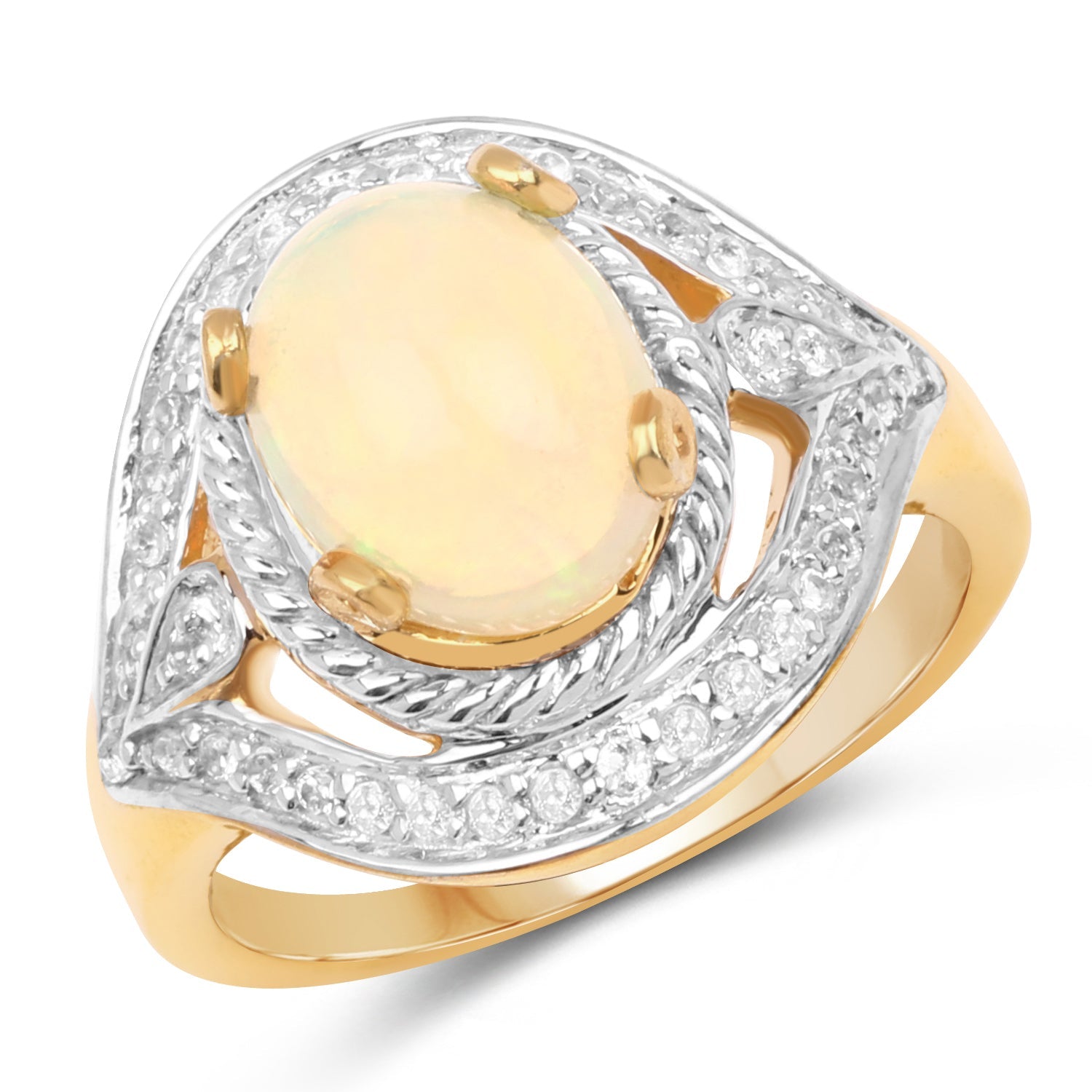 14K Yellow Gold Plated 1.88 Carat Genuine Ethiopian Opal and White Topaz .925 Sterling Silver Ring on sale at MyriadMart