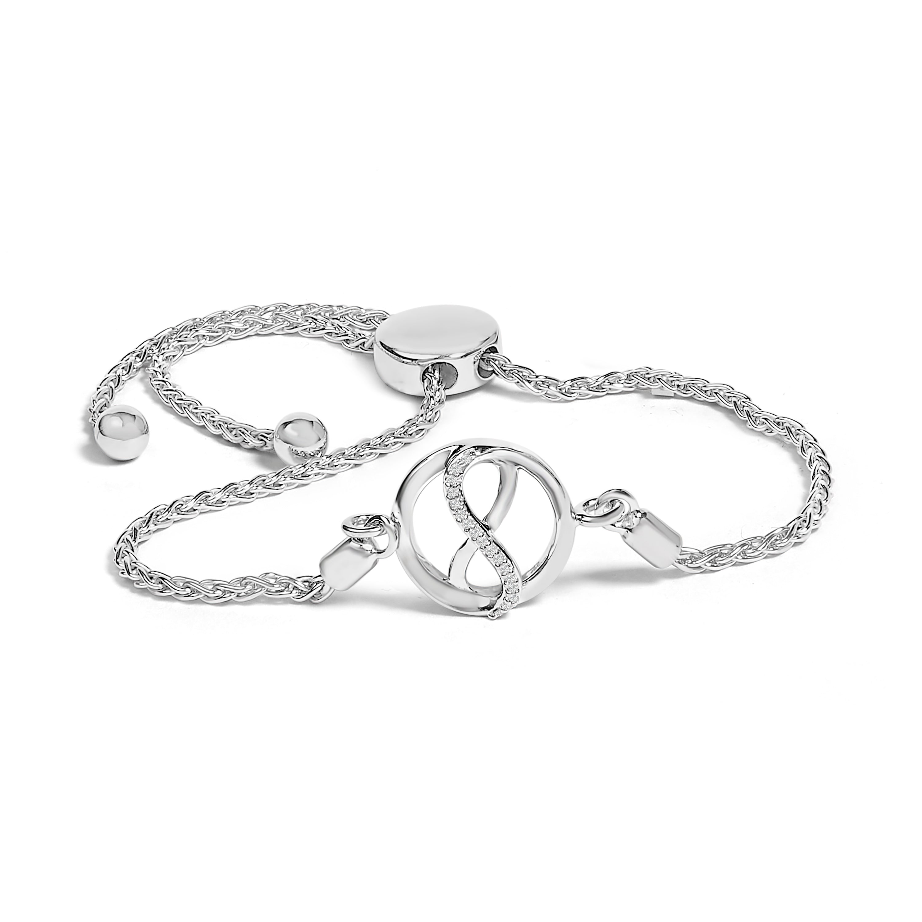 .925 Sterling Silver Diamond Accent Ribbon and Circle Bolo Adjustable Bracelet on sale at MyriadMart