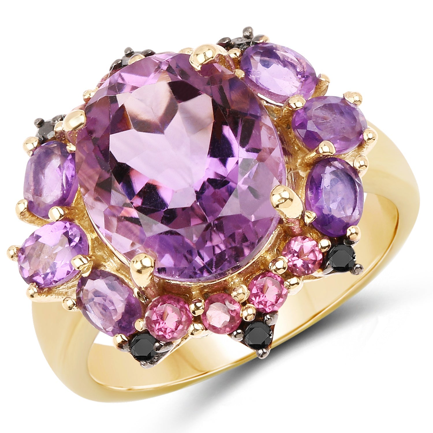 14K Yellow Gold Plated 5.25 Carat Genuine Amethyst, Rhodolite and Blue Diamond .925 Sterling Silver Ring on sale at MyriadMart