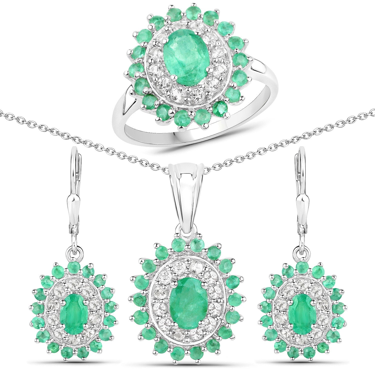 6.53 Carat Genuine Zambian Emerald and White Topaz .925 Sterling Silver 3 Piece Jewelry Set Ring, Earrings, and Pendant w/ Chain on sale at MyriadMart