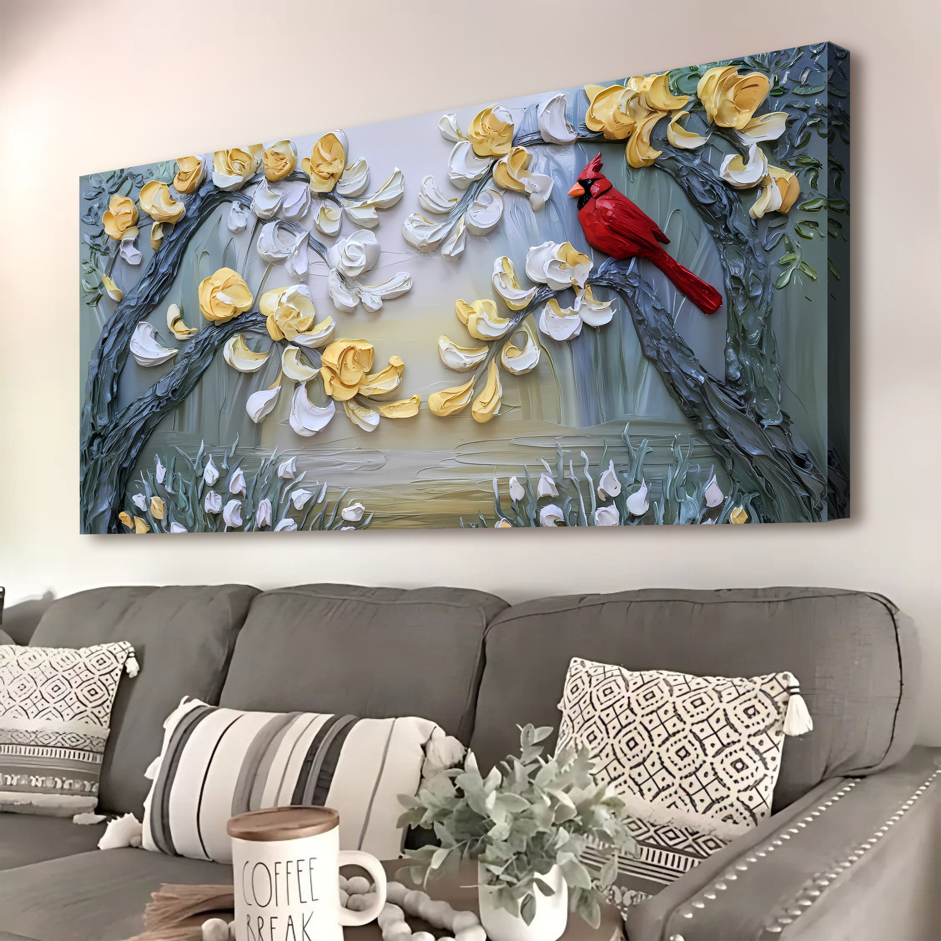 Golden Petals and Scarlet Wings Impasto Wall Art on sale at MyriadMart