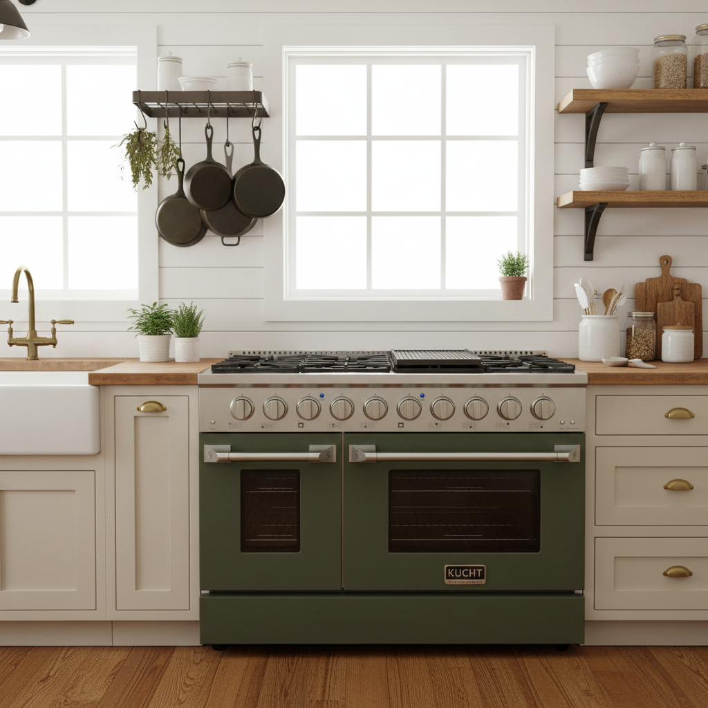 Kucht 48" Gas Range in Stainless Steel with Olive Green Oven Doors, KNG481-OG on sale at MyriadMart
