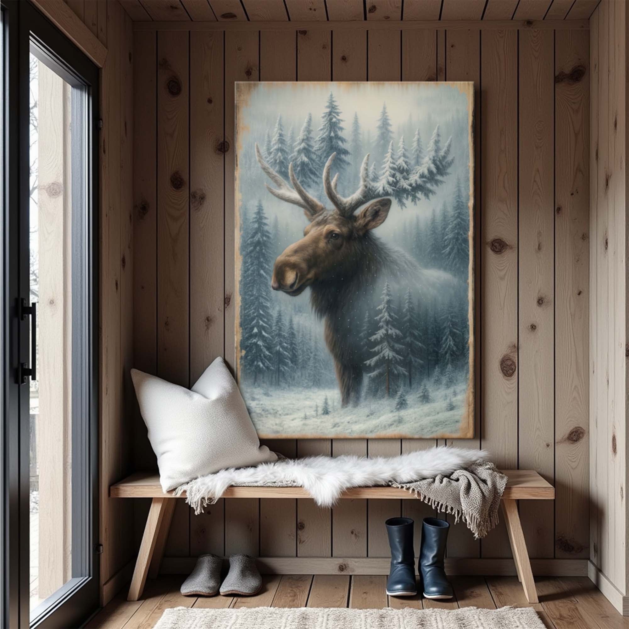 Snowy Forest Moose Double Exposure Wall Art on sale at MyriadMart